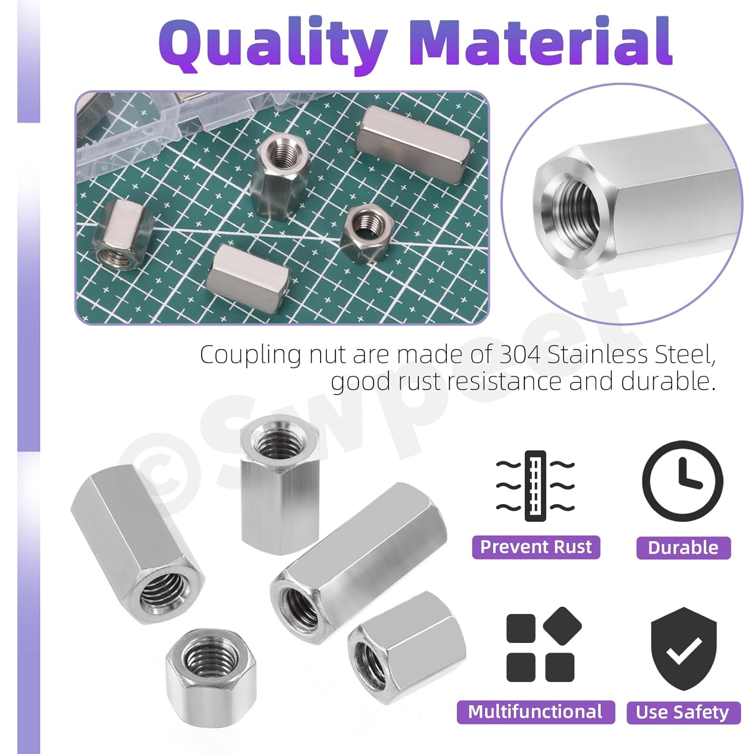 Swpeet 24Pcs 6 Sizes Metric M6 X 1.0-Pitch X 10mm/15mm/20mm/25mm/30mm/40mm Length 304 Stainless Steel Hex Rod Connector Nuts Coupling Nuts Assortment Kit, Female Thread for Camera Pan, Lamp Bracket