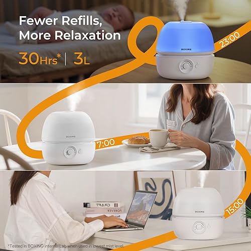 Miniatura 2 de BOXING Humidificadores de llenado superior de 3 L para dormitorio bebé, humidificador de aire silencioso de 20 dB para habitaciones grandes y