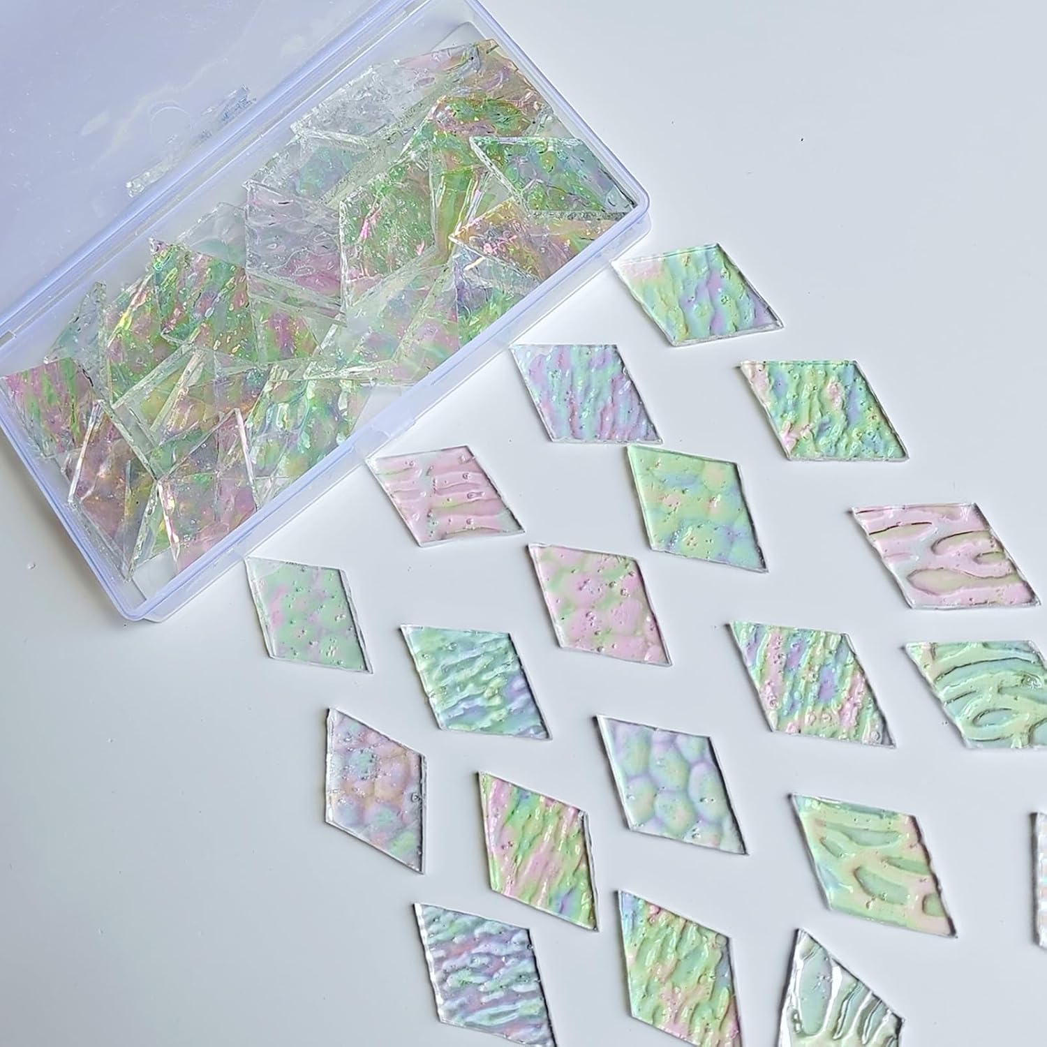 60 Pieces 1 Inch Each Side Diamond Shape(White Clear Iridescent) Stained Glass for DIY Crafts, Precut Mosaic Tiles Bulk - Mosaic Kits, Windows, Art Projects - Stained Glass Pieces for Beginners
