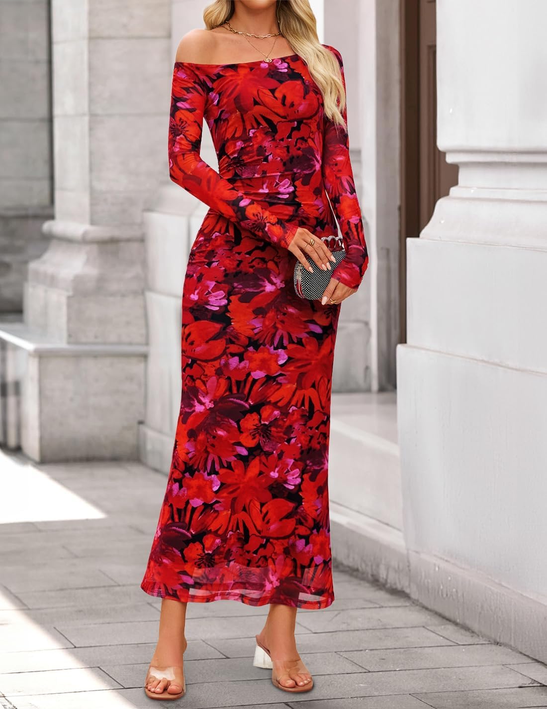 ZESICA Women's Long Sleeve Floral Maxi Dress 2026 Fall Off Shoulder Bodycon Ruched Mesh Cocktail Wedding Guest Dresses - Image 3