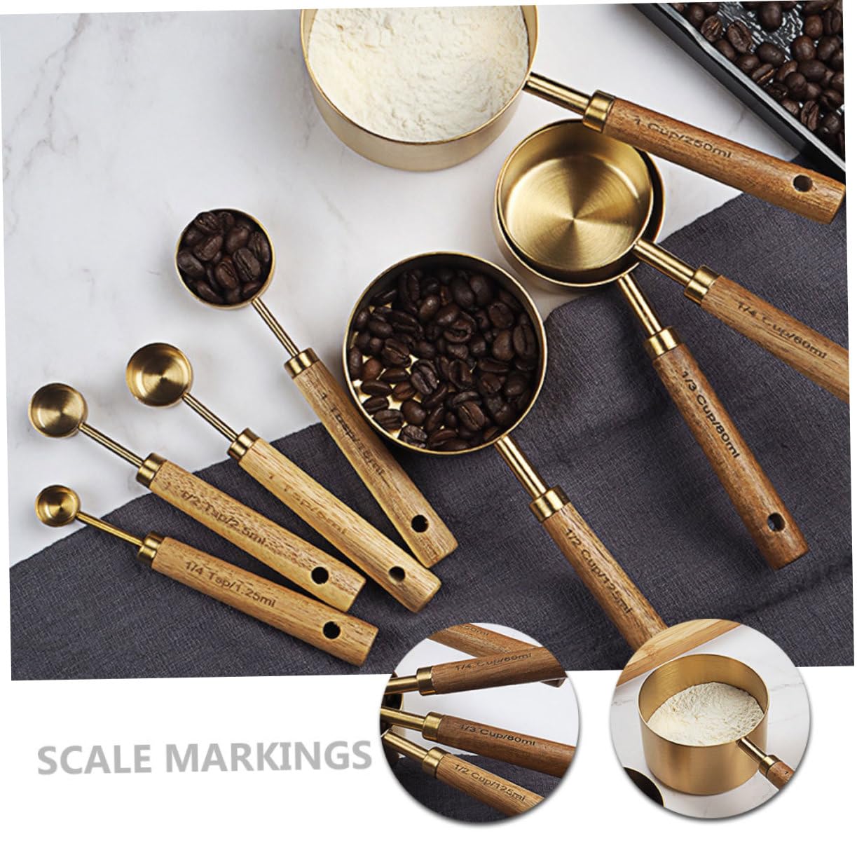 Cabilock 8 Piezas Cucharas Medidoras De Acero Inoxidable Cucharas Medidoras Para Cocinar y Hornear Con Mango De Madera Multifuncionales Para Cocina
