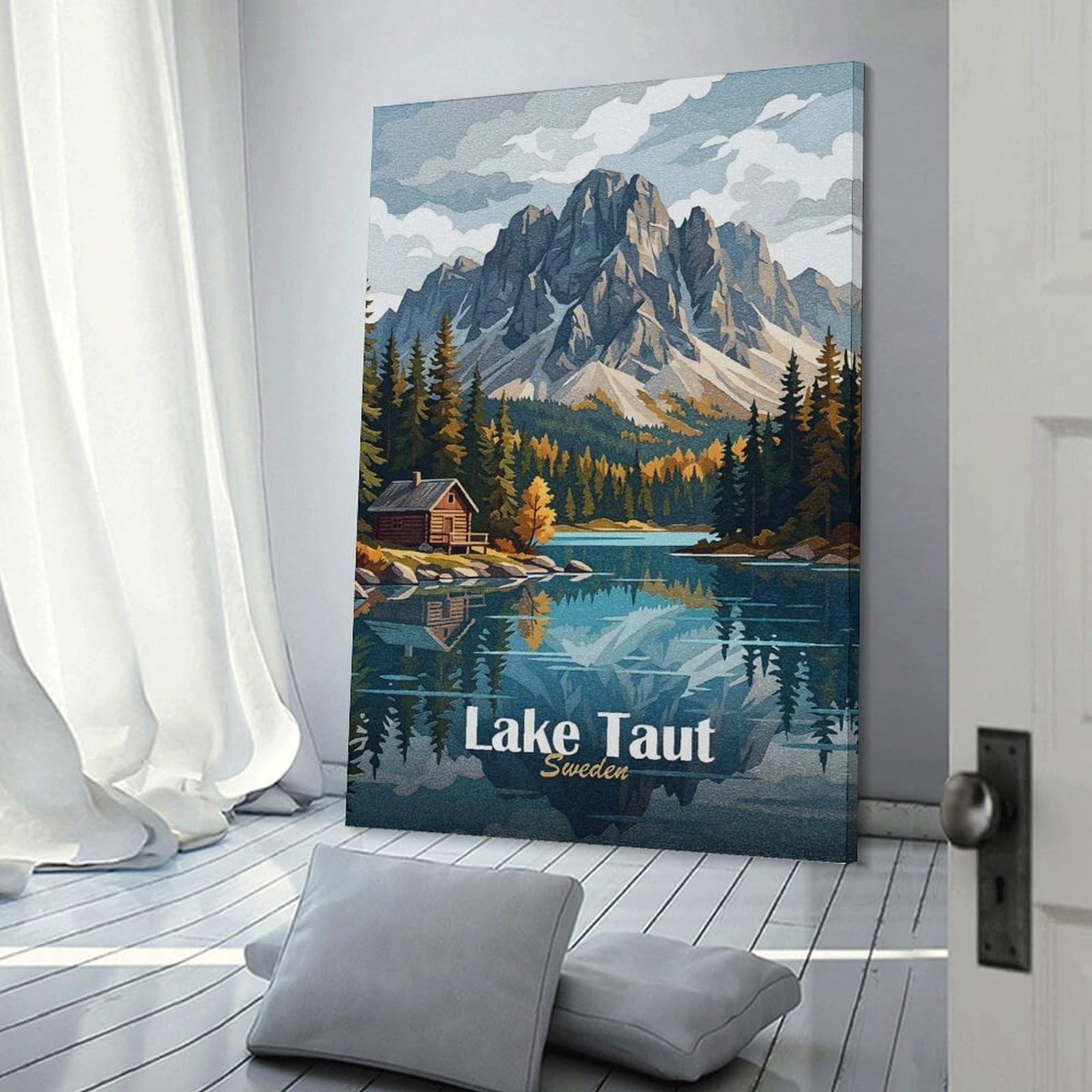 Junmoney Home Decor Wall Art Lake Taut, Sweden Landscape, 24x36inch(60x90cm), for New Homes, Bedrooms Or Workspaces, Decorative Present for New Homes