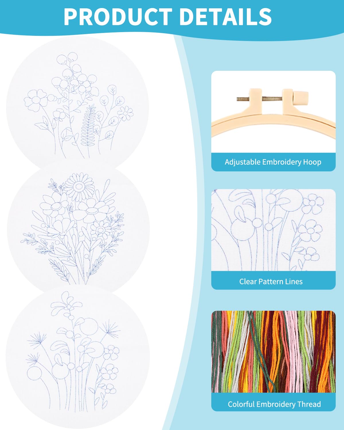 Kit Ricamo Per Principianti RidaaFri - 3 Set Con Tela Stampata, Telaio 20 Cm, Fili E Accessori - Motivi Fiori E Piante