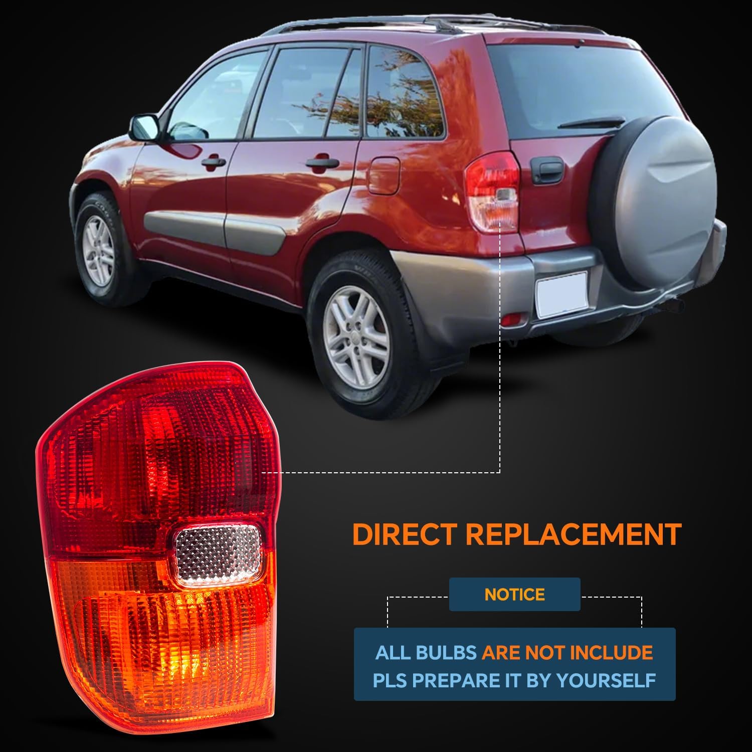 Left Driver Side Tail Light Housing Compatible with 2001 2002 2003 Toyota RAV4 Rear Lights Replace TO2818125 81561-42070 (Bulbs are not include)
