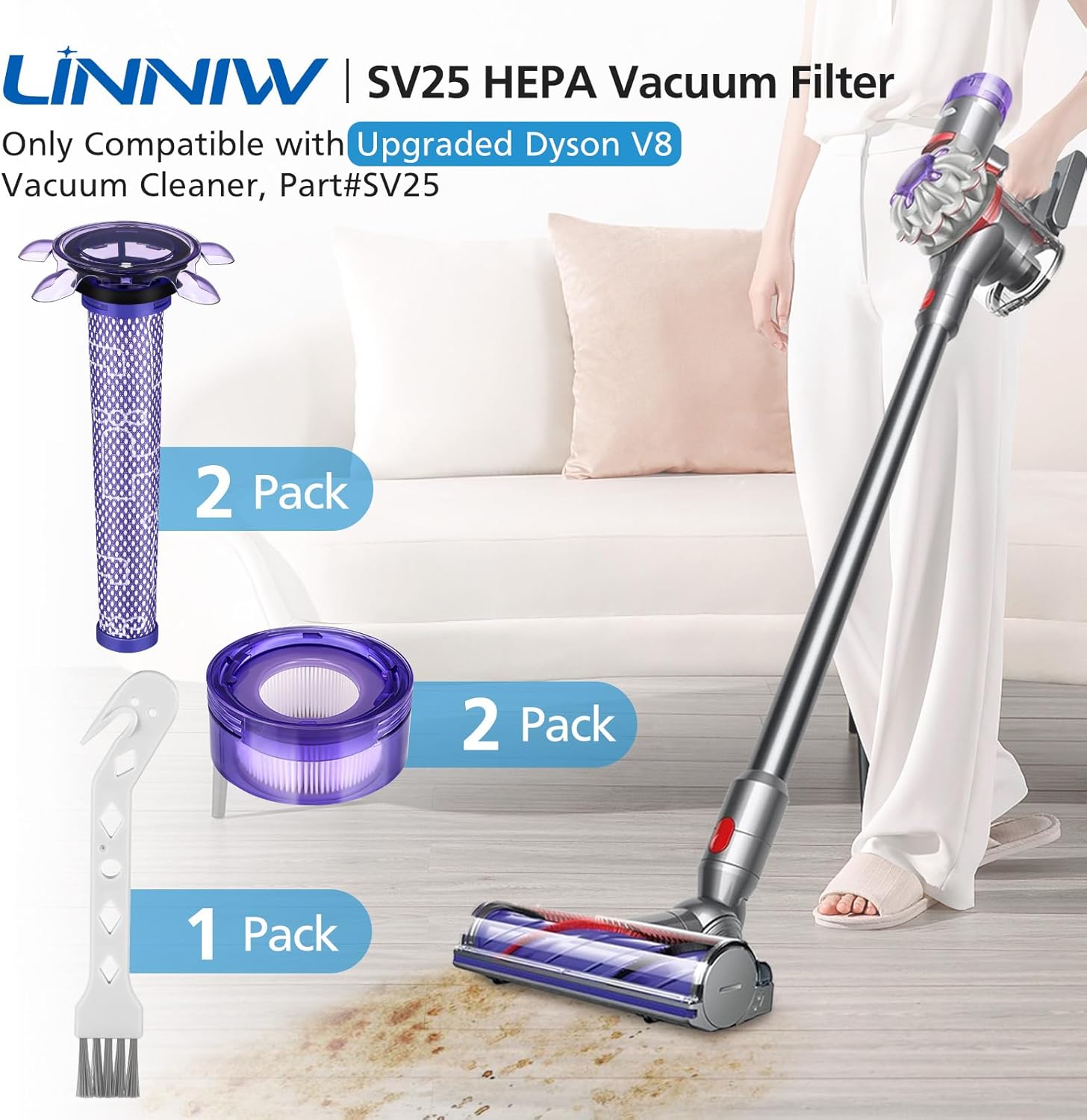 Upgraded V8 Vacuum Filter Replacement Kit Compatible with Dyson V8 New Version SV25/ Dyson V8 Animal Extra 405901-01/Dyson V7 New Model SV37 Cordless Vacuum, 2 Filter Kits, Replaces Part # 965661-05