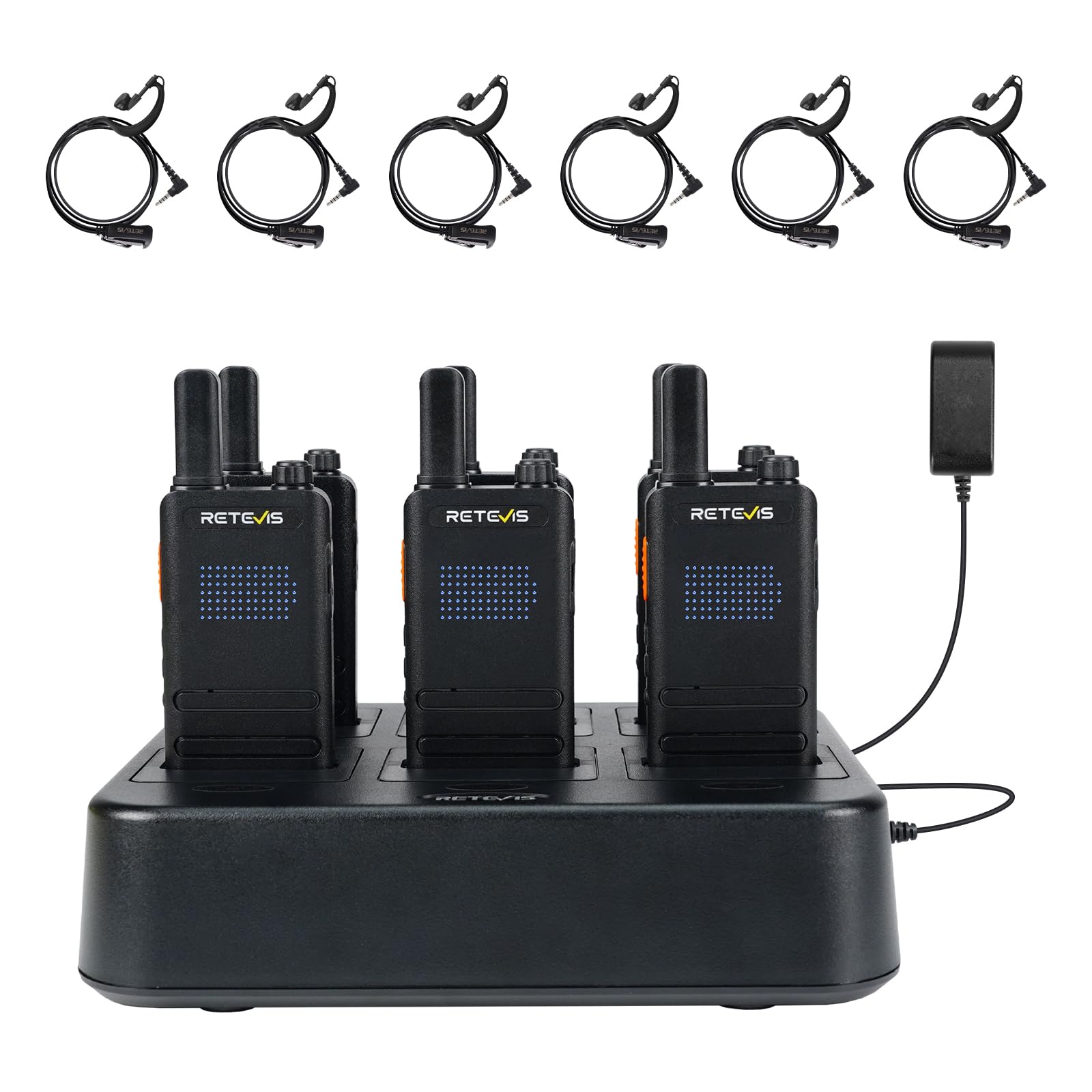 Krótkofalówki Retevis B63H dla dorosłych, profesjonalne dwukierunkowe radio z 6-kierunkową ładowarką, 1620 mAh, VOX, 16-kanałowy wyświetlacz, stylowe 2-kierunkowe radiotelefony ze słuchawką do szkoły,