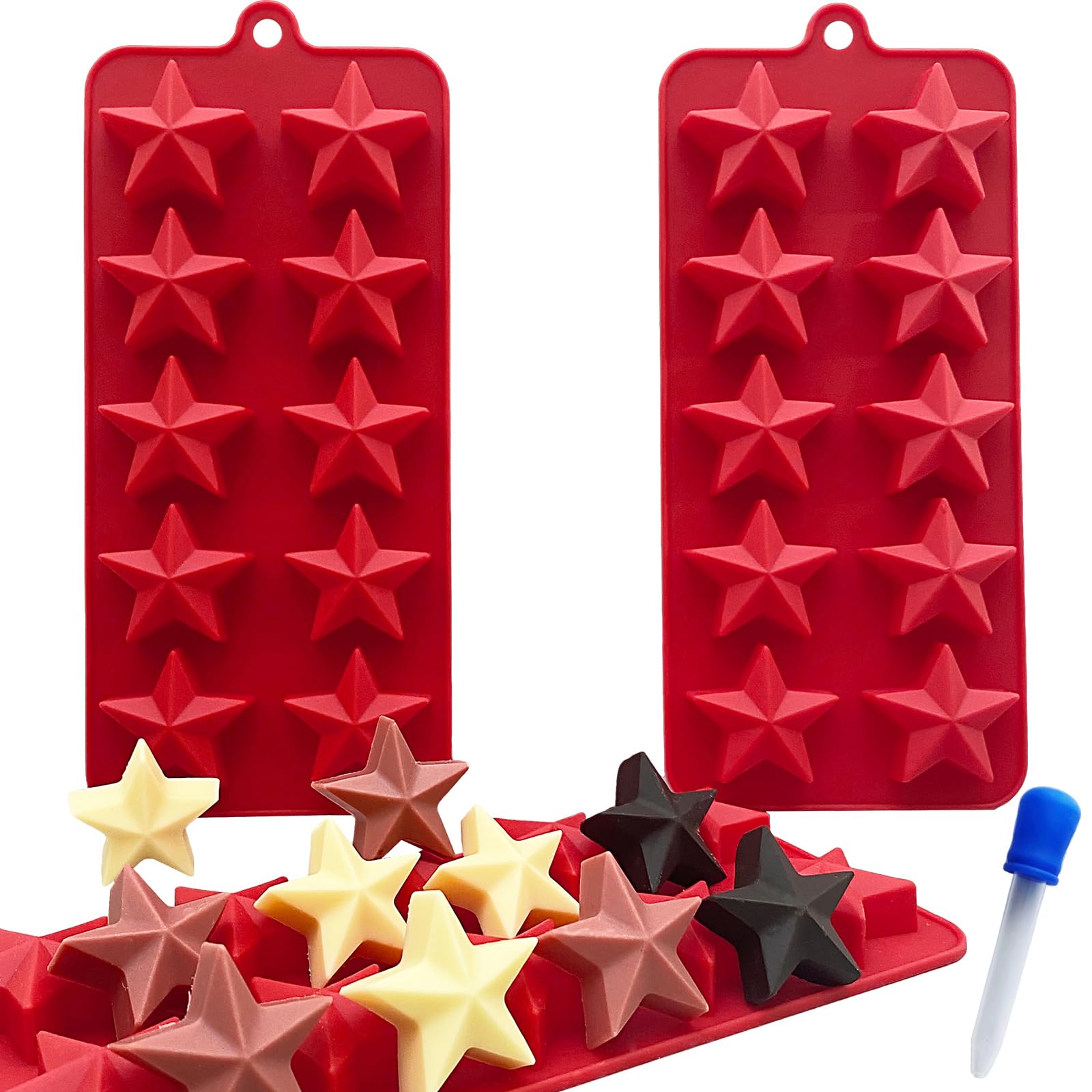 3 moldes de chocolate con forma de estrella, 30 moldes de silicona para caramelos, forma de estrella, gelatina, pudín, galleta de hielo, jabón, 4 de julio, molde de silicona para hornear