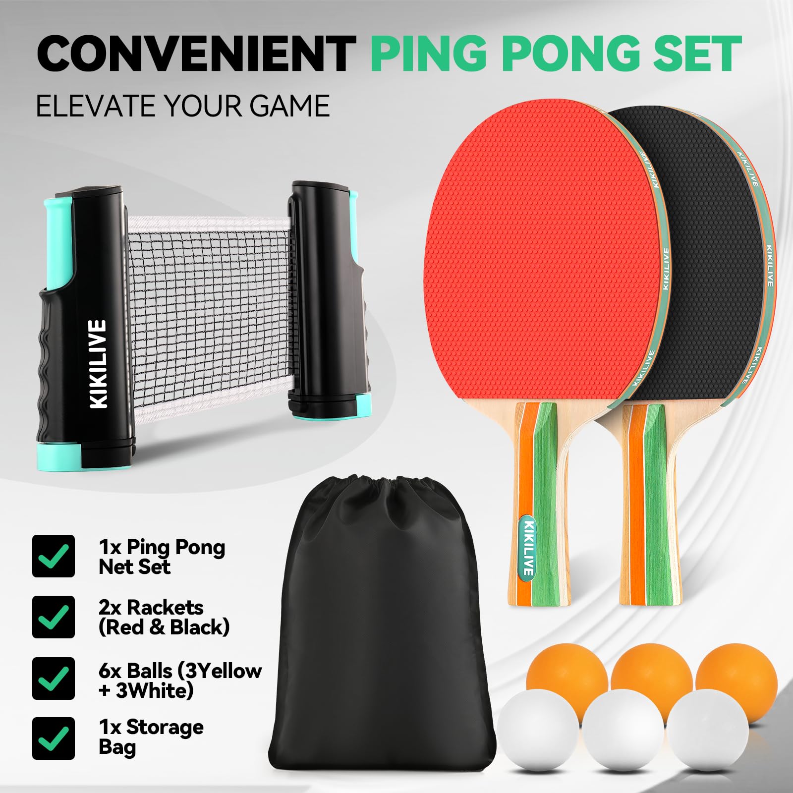 Set da Ping Pong Portatile con Rete Estraibile, 2 Racchette, 6 Palline e Borsa da Trasporto - per Interni ed Esterni, Ideale per Famiglia, Tempo Libero e Allenamento