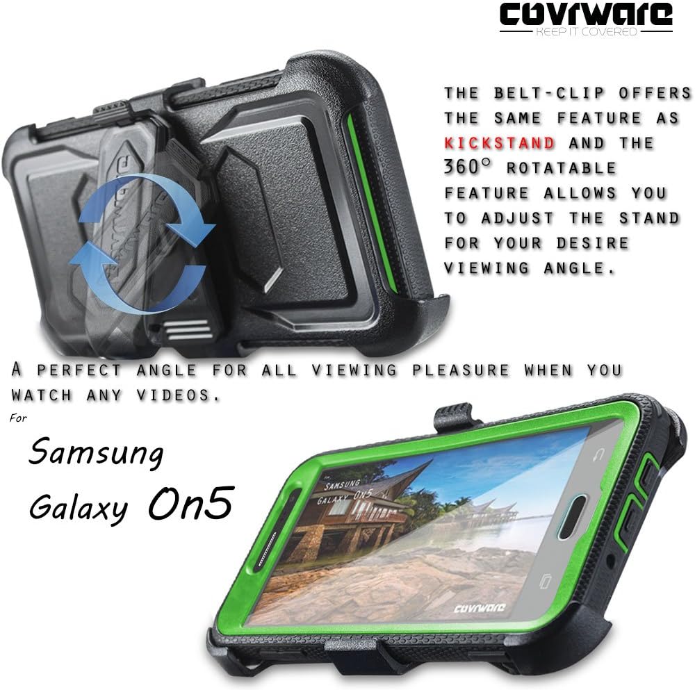 COVRWARE® Galaxy On5 [Aegis Series] w/Built-in [Screen Protector] Heavy Duty Full-Body Rugged Holster Armor Case [Belt Swivel Clip][Kickstand] for Samsung Galaxy On5 / G550, Green (CW-G550-AG06)