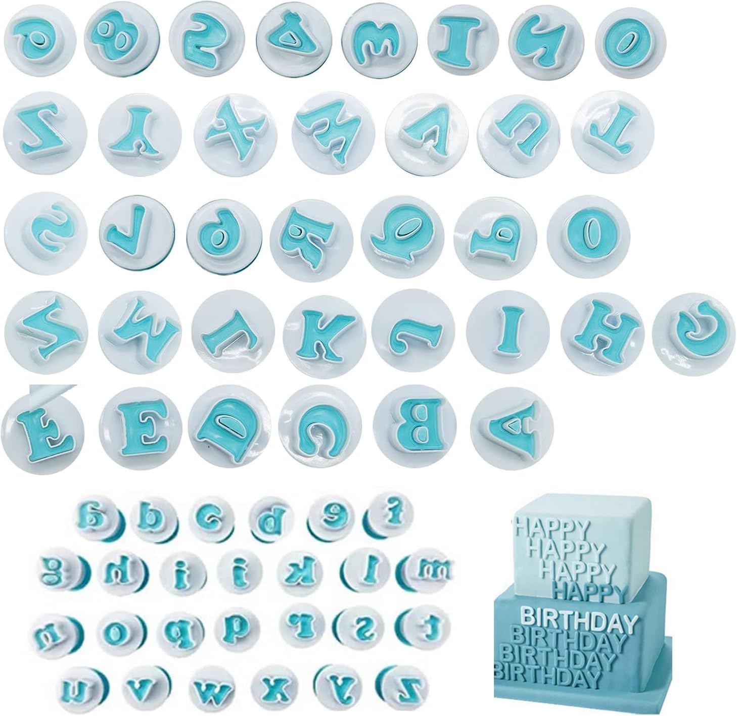 Buchstaben Ausstecher für Fondant Set 62-teilig Fondant Ausstecher Buchstaben & Zahlen Ausstechform mit Großbuchstaben, Kleinbuchstaben, Zahlenformen DIY Backzubehör für Kinder Geburtstagsdeko Kuchen