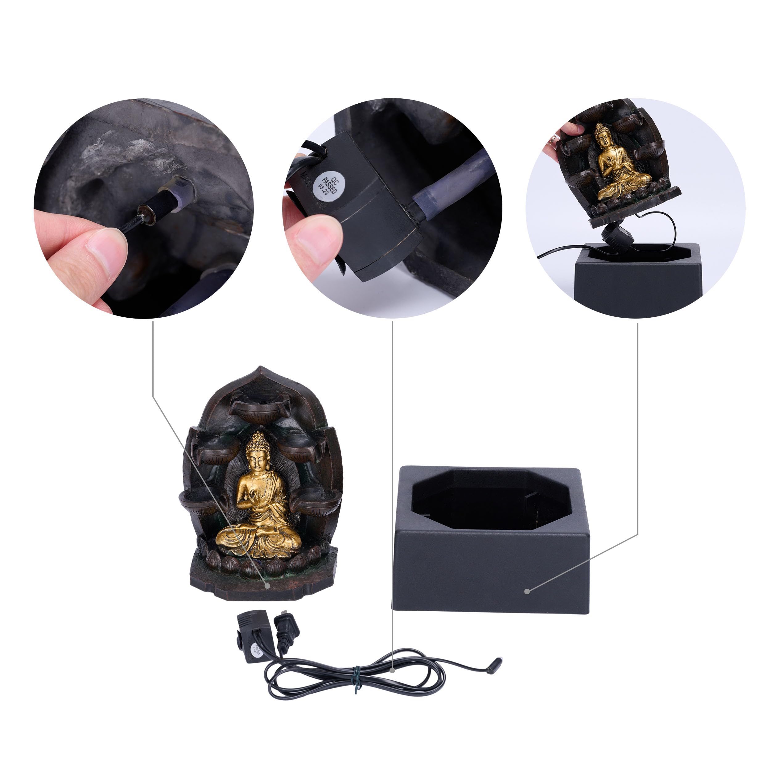 TERESA'S COLLECTIONS Fontaine à eau de table avec cascade pour décoration d'intérieur, statue de Bouddha dorée avec lumière LED et pompe pour salon, décoration d'intérieur zen portable, cadeau idéal