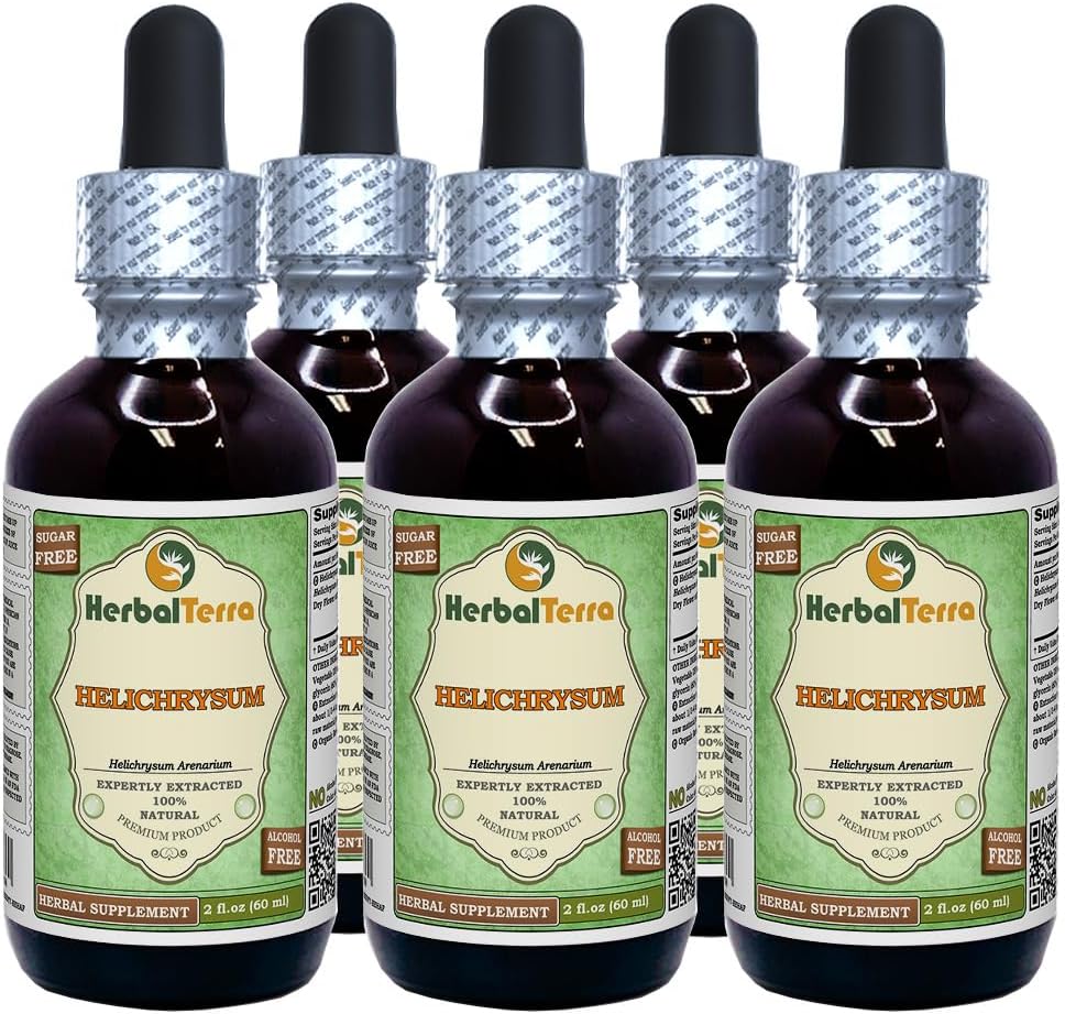 Helichrysum (Helichrysum Arenarium) Glycerite, Organic Dried Flowers Alcohol-FREE Liquid Extract (Brand name: HerbalTerra, Proudly made in USA) 20x4 fl.oz (20x120 ml)
