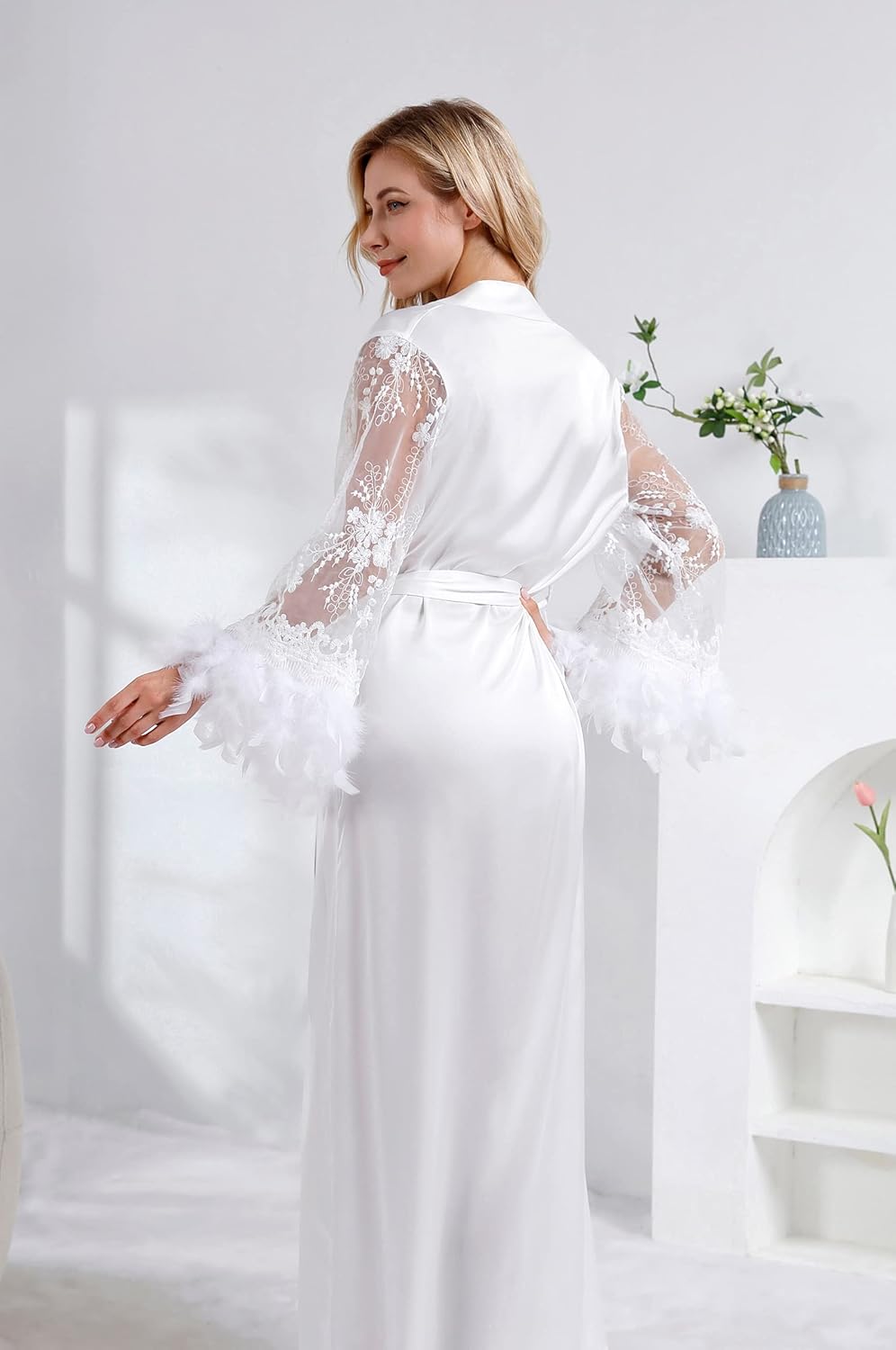 Women Long Satin Tulle Robe, Maternity Photoshoot Bride Feather Dressing Gown Kimono Bathrobe Sleepwear - Image 5