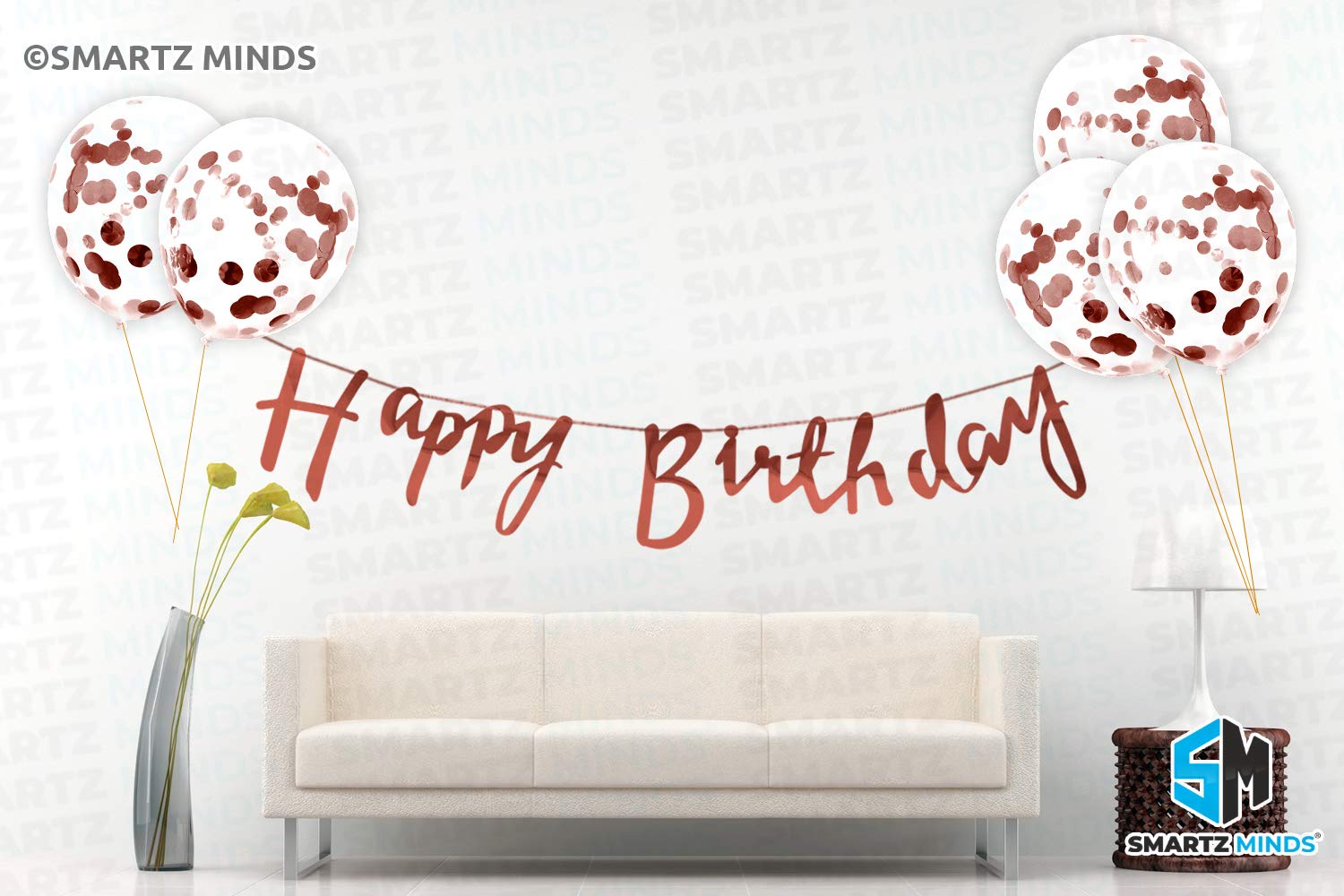 smartz minds happy birthday bunting banner rose gold color with 5 rose gold confetti balloons- Multi color