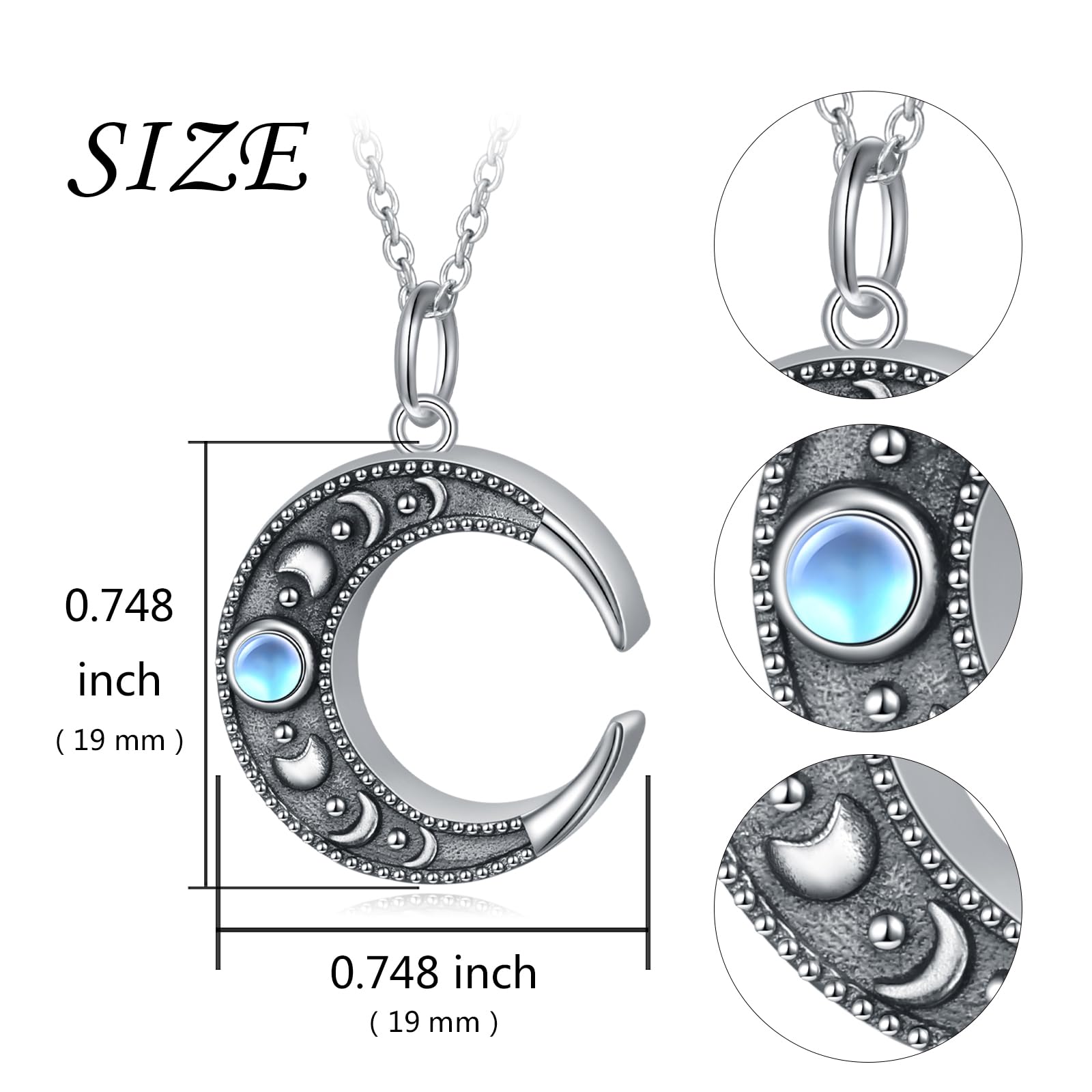 Mondstein Urn Halskette für Asche 925 Sterling Silber überzogene Halbmond Phase Halskette Mond Phase Charm Kreis Mond Anhänger Halskette für Frauen Mond Schmuck Asche Andenken Anhänger Memorial