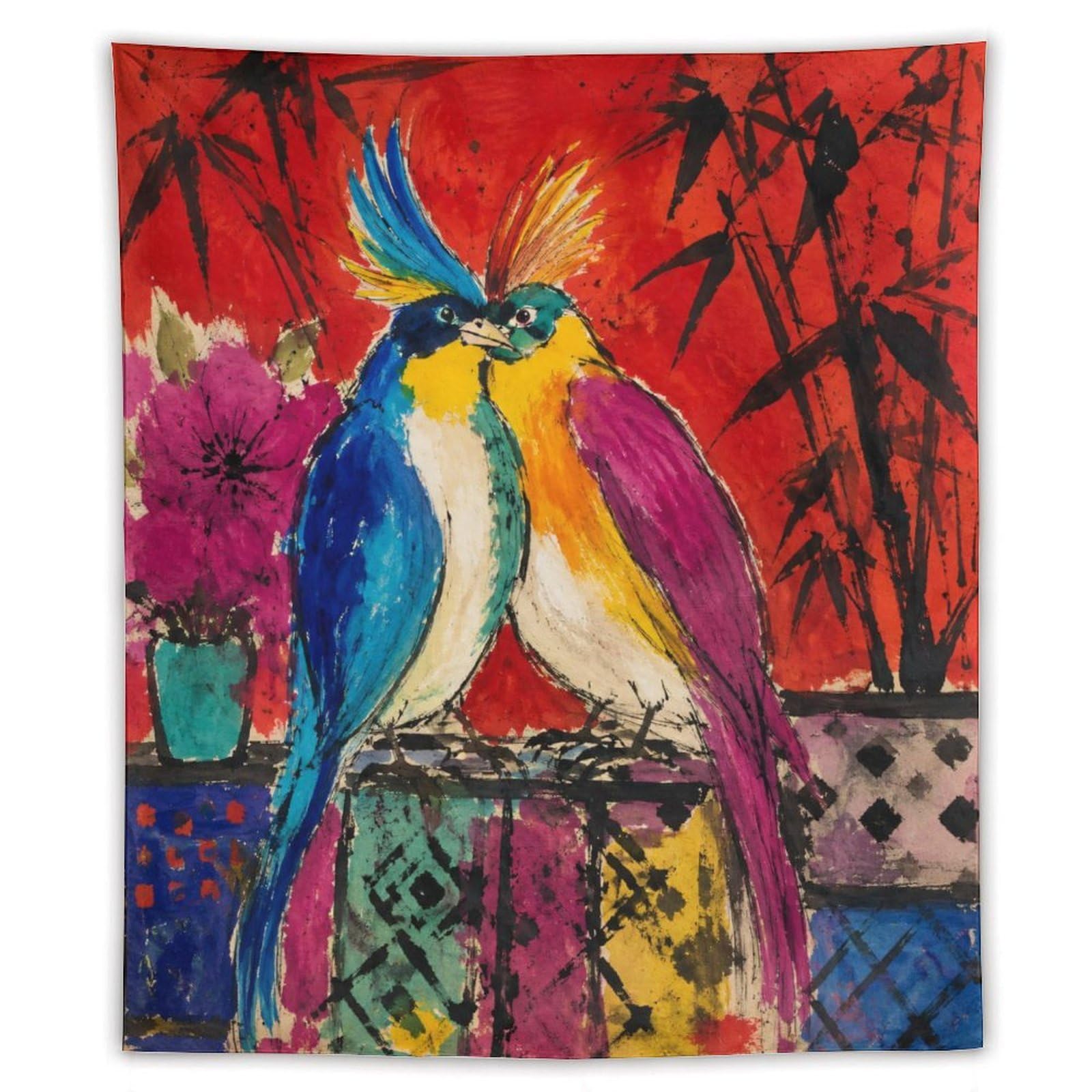 H3B8U2Y5 Colorful Parrot Pair Wall Tapestry, Realistic Illustration