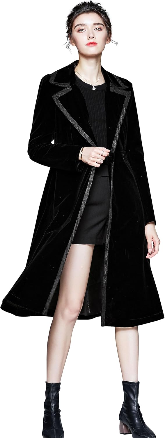LAI MENG FIVE CATS Women's Elegant Notched Lapel Velvet Maxi-Length Trench Coat with Pocket