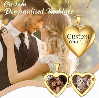 Personalised Locket Necklace with Picture Inside - Custom Photo Heart Locket Necklace with Engraved Text, Personalised Jewellery Gifts for Women and Girls