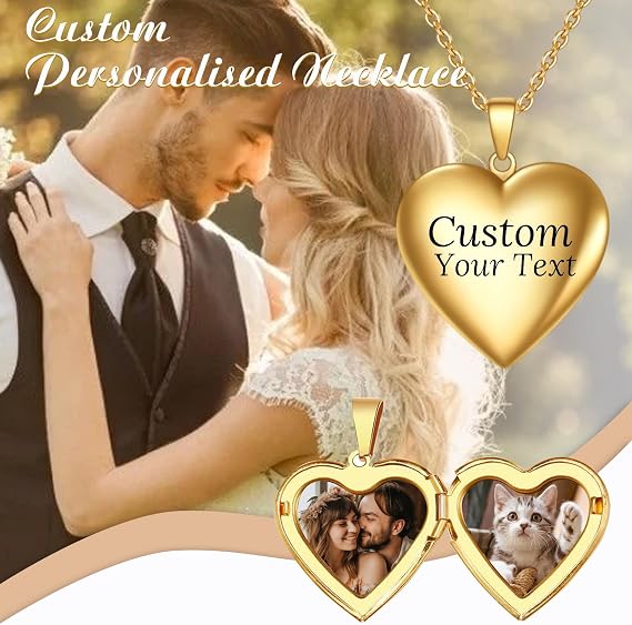 Personalised Locket Necklace with Picture Inside - Custom Photo Heart Locket Necklace with Engraved Text, Personalised Jewellery Gifts for Women and Girls