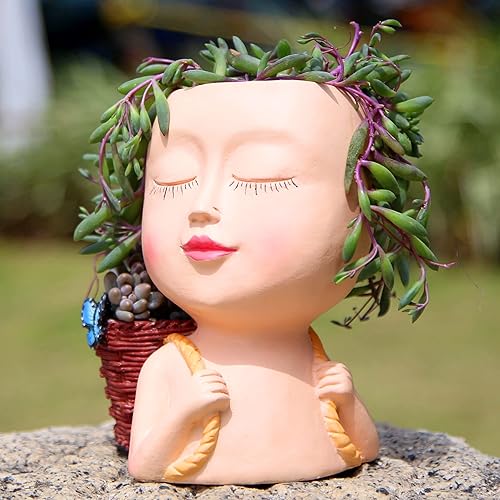 Miniatura 5 de Mrsivrop Macetas de cara con cabeza  Macetas de doble cabeza con mariposa, maceta suculenta para plantas de interior y exterior, macetas de cabeza