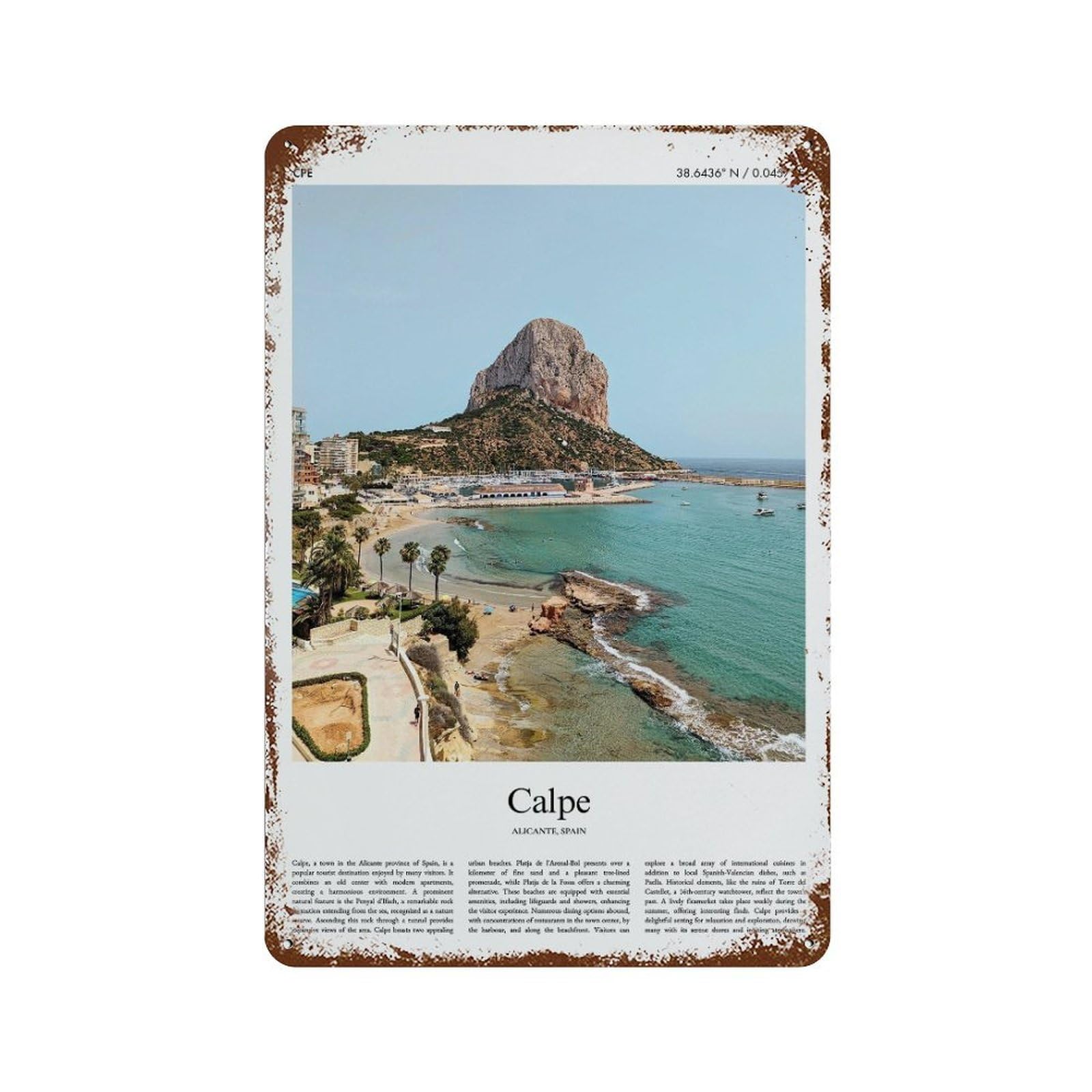 xiaoxiaoshen Calpe Alicante, Spain City Scenery Wall Decor Art Metal Tin Poster Modern Home Decor Art Home Bar Shop Decorations Vintage Sign 30x20cm