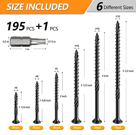 #8#10 Kit de tornillos para madera, 6 tamaños (1-1/4", 1-5/8", 2", 2-1/2", 3", 3-1/2") miniatura 3