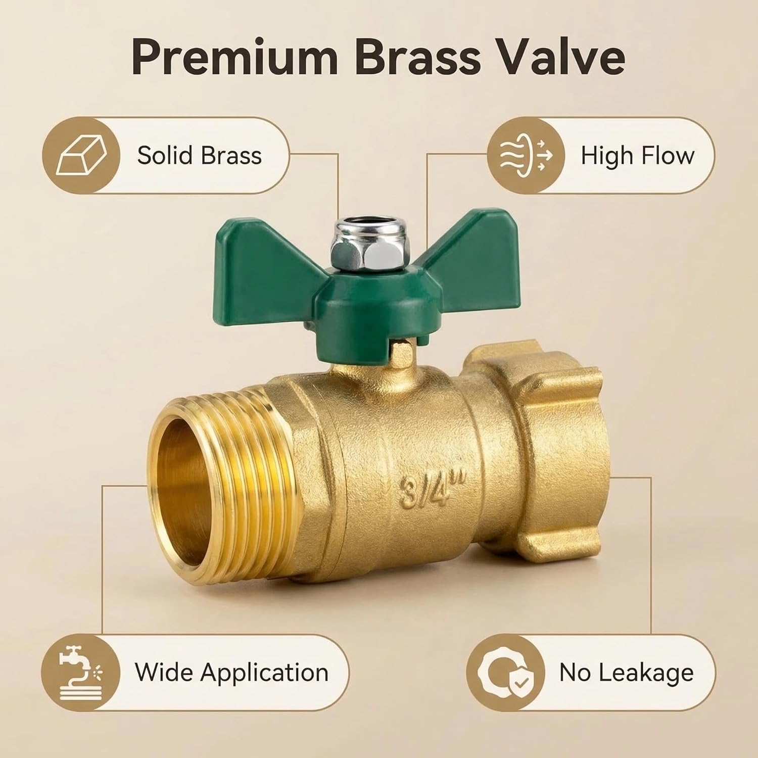 Garden Hose Brass Shut Off Valve, High Flow Hose Ball Valve 3/4" GHT Brass Water Valve Shutoff Tool with Rubber Washers, Garden Hose Connector Adapter Fittings (1 Pack)