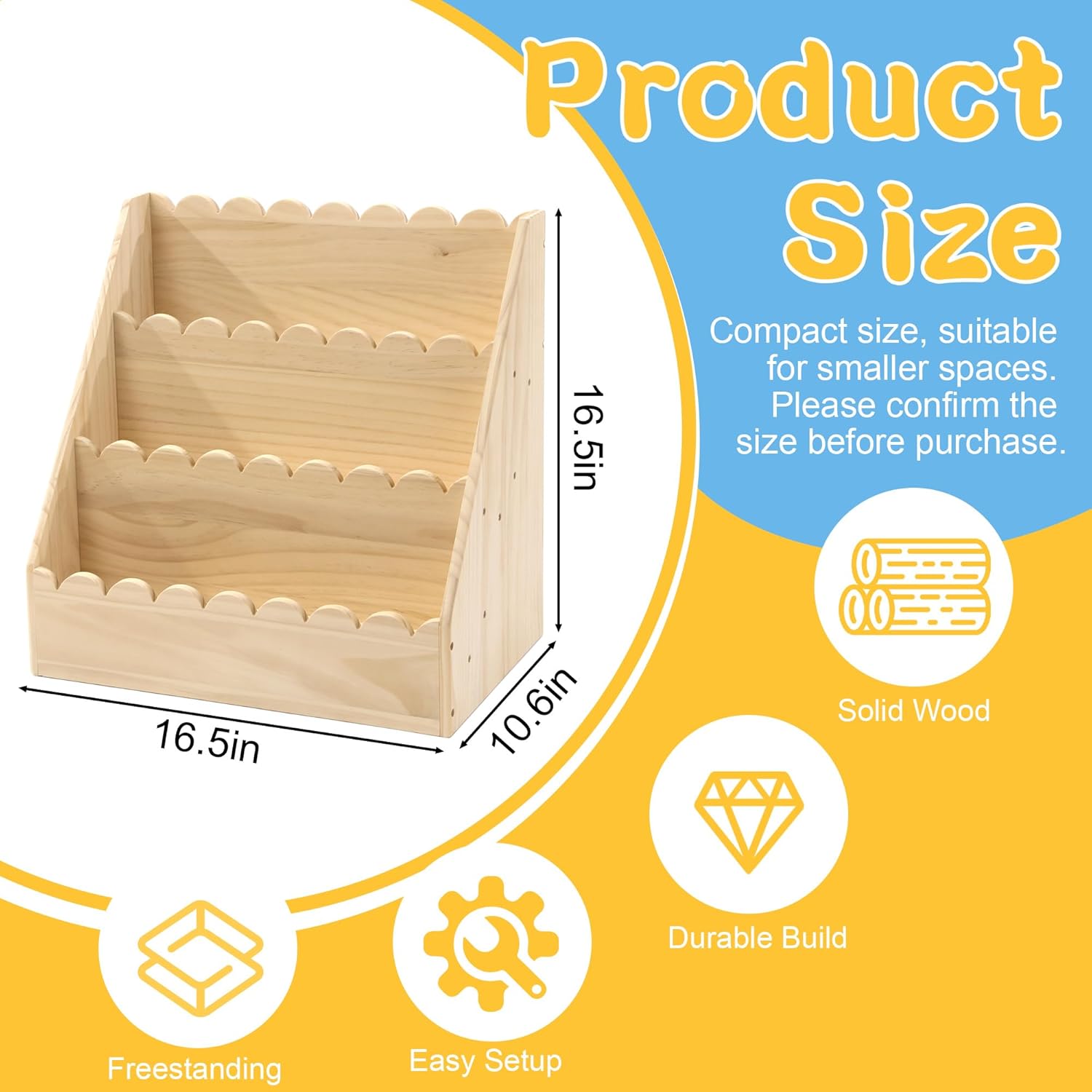 BALAPET Scalloped Book Shelf for Kids, 3-Tier Wooden Bookshelf Perfect Height for 1-5 Years Toddler, Durable Bookcase Book Organizer for Nursery Room(Wooden,16.5 * 16.5 * 10.6in)