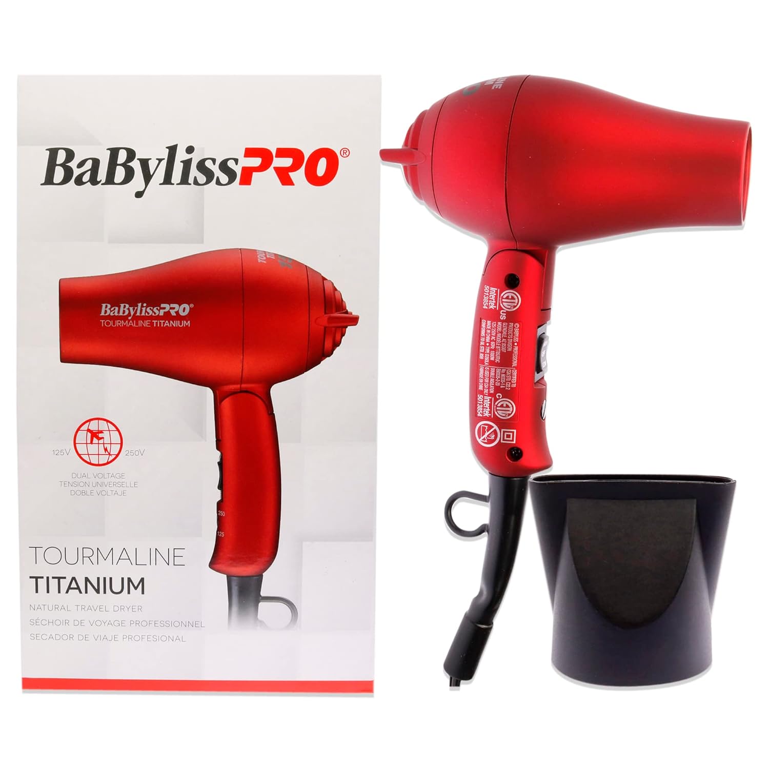 BabylissPRO TT Tourmaline Titanium Travel Dryer in red, showing its compact size and foldable handle.