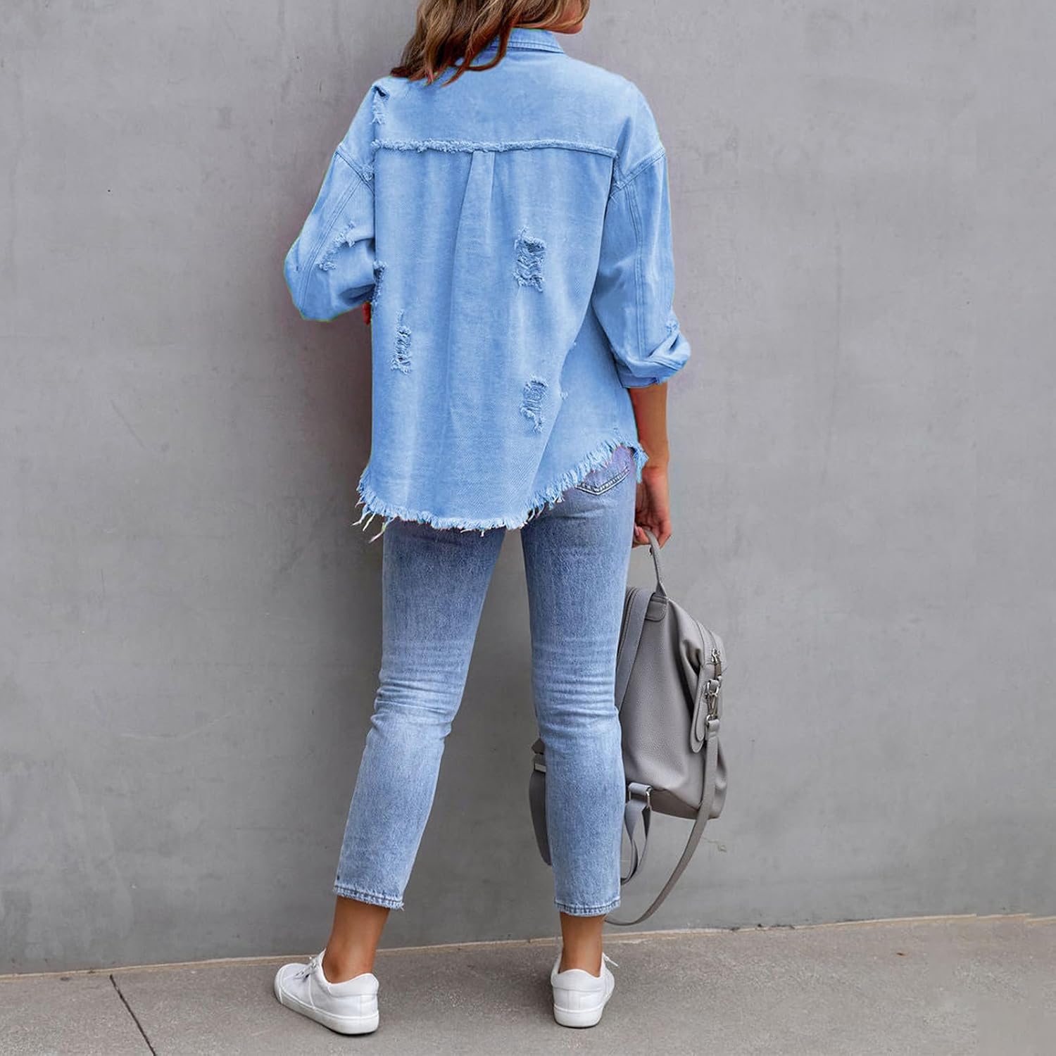Women's Oversized Distressed Denim Shirt Long Sleeve Jean Button Down Shirt Top Y2k Trendy Spring Fall Casual Shacket