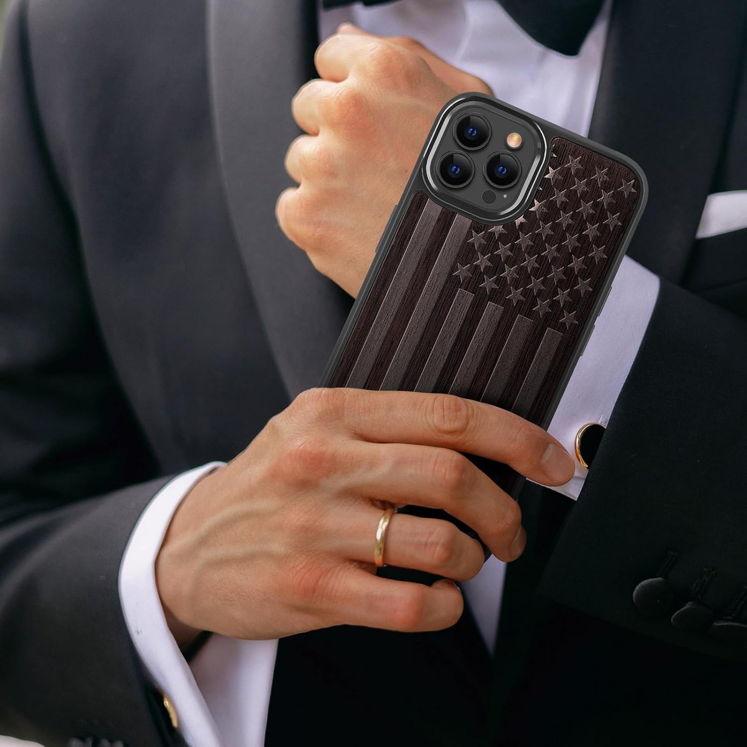 Magnetic Wood Case for iPhone 14 Case/iPhone 13 Case Natural Wood Metal Lens Frame Protection Unique Wooden Shockproof Protective Cover Compatible with magsafe-Black Wood-American Flag
