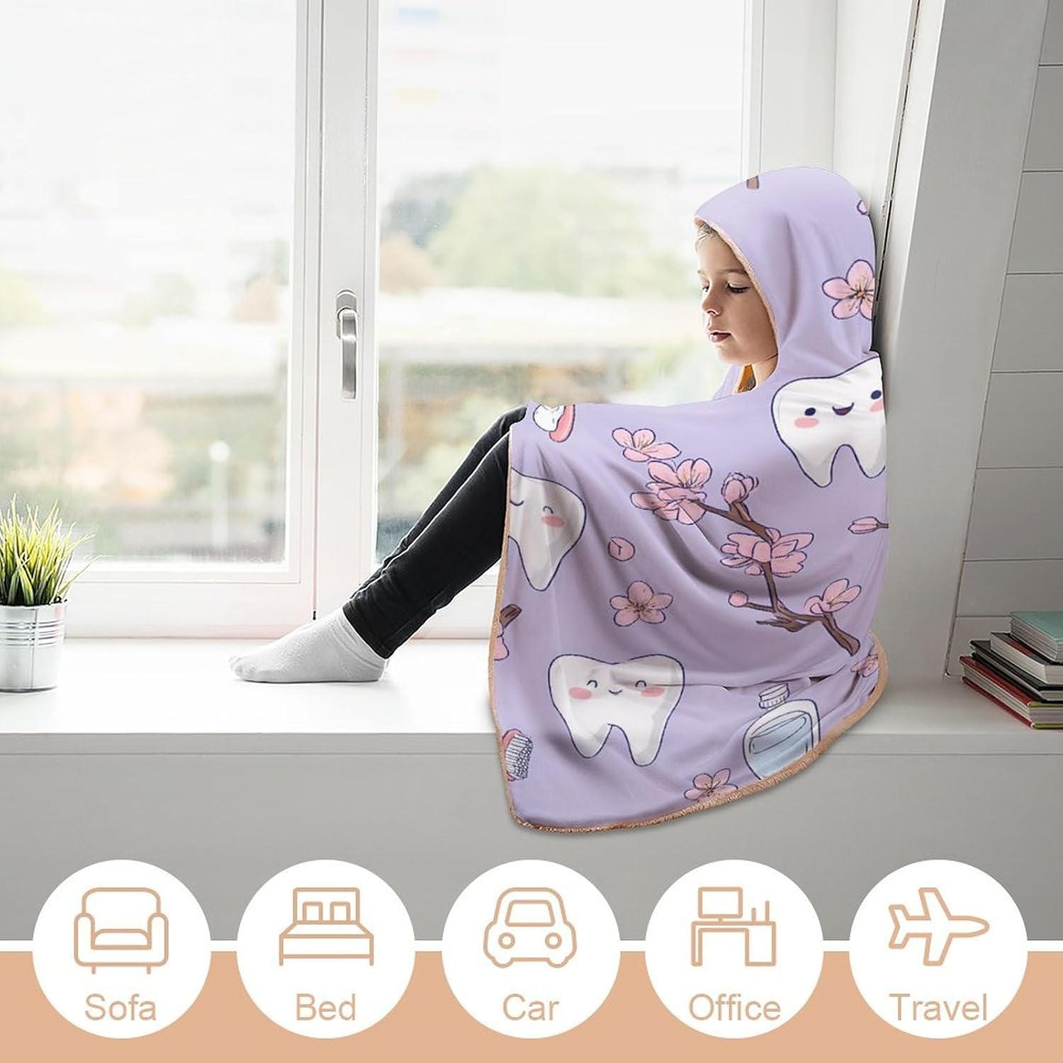 Cute Teeth Dental Care Wearable Blanket Oversized Throw Cape | Cozy Hooded Blanket Gifts for Women Men