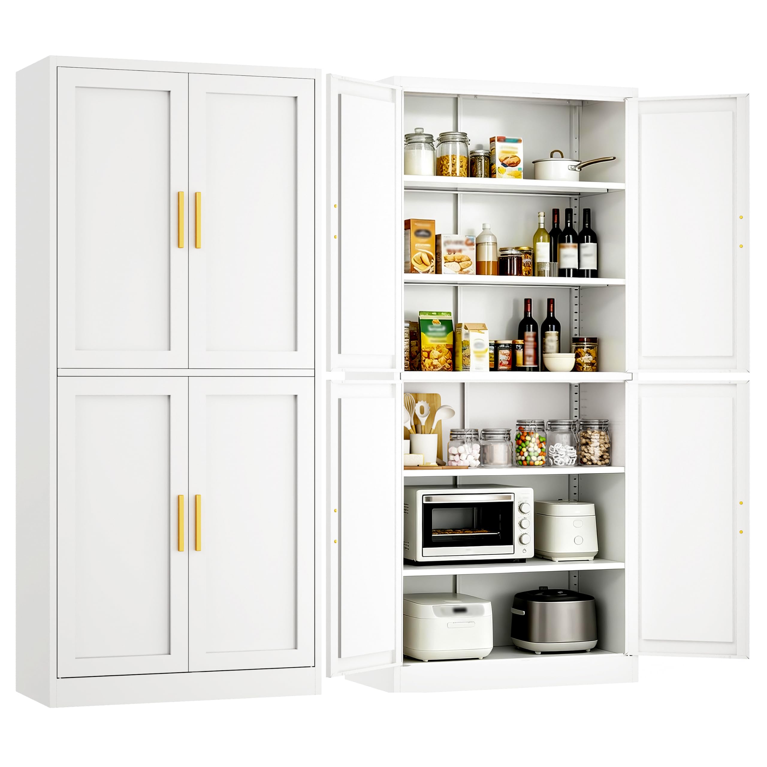 Wanfu 71" Tall Pantry Cabinet, Metal Kitchen Pantry Cabinet with 4 Doors and 4 Adjustable Shelves, Kitchen Pantry Storage Cabinets, Metal Storage Cabinet for Kitchen, Dining Room, Living Room-White