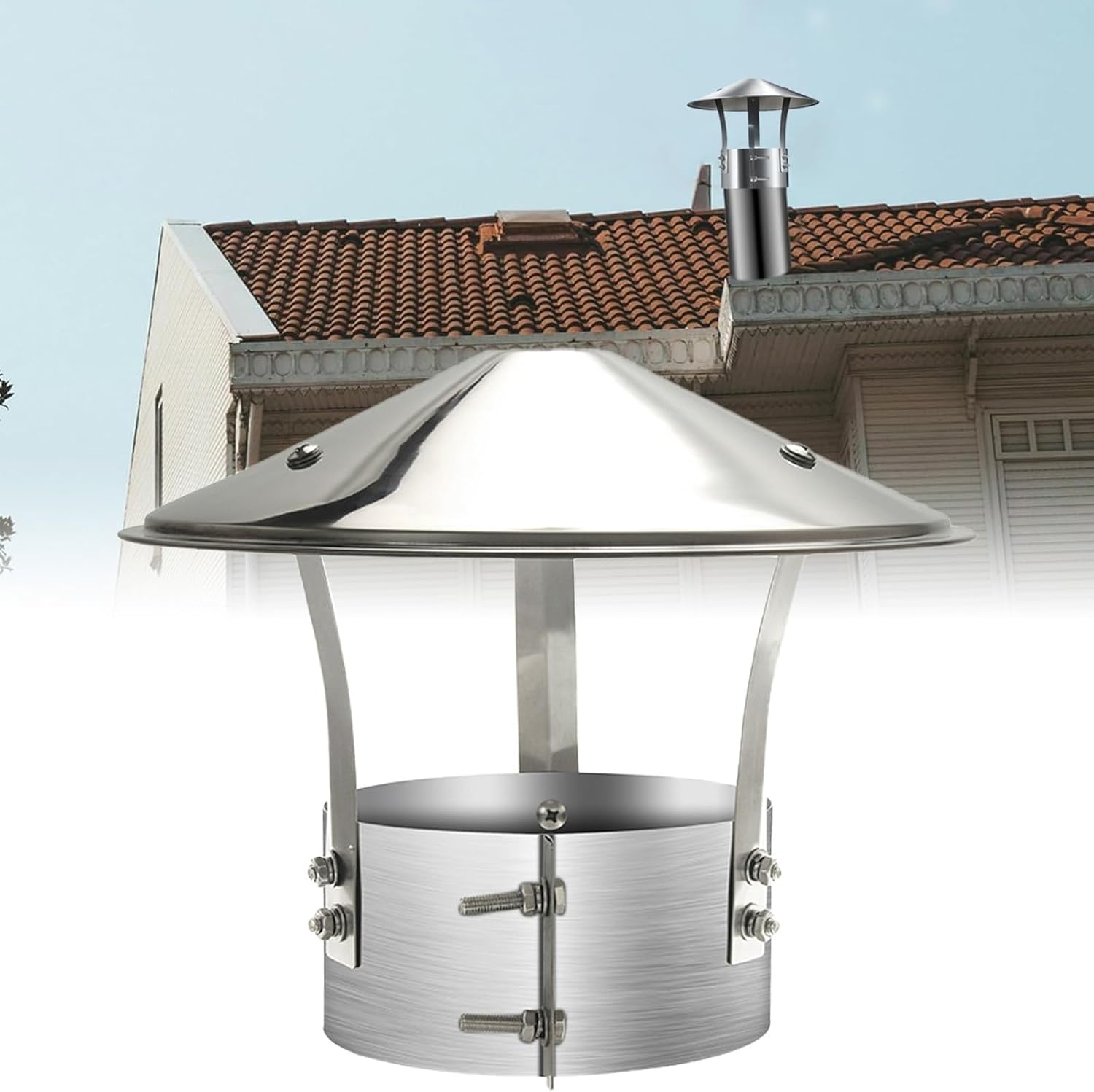 Tapered Top Chimney Cap 304 Stainless Steel Chimney Cowl Weatherproof Fireplace Chimney Caps for Outside Roof Exhaust Round Chimney Cover Flue Lid with Adjustable Bottom(190 mm/7.5in)