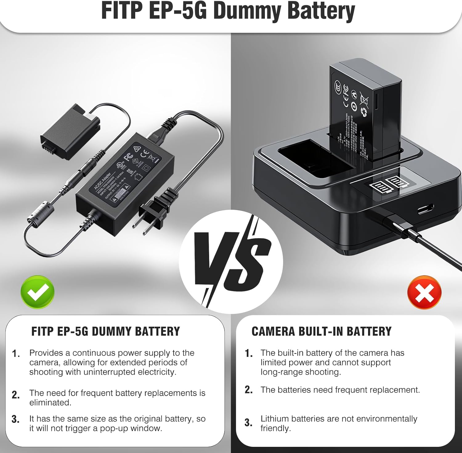 F1TP EP-5G Dummy Battery EH-5 AC Adapter Power Supply Connector Kit Replace EN-EL25 EN-EL25A Batteries Compatible with Nikon Z30 Z50, Zfc, Z fc Digital Cameras