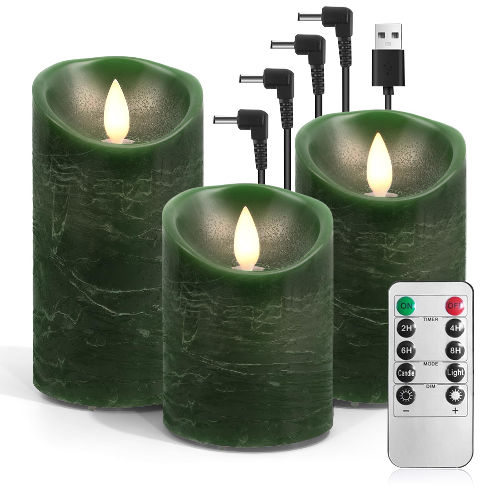 AnnSpa 3 Set LED Candles USB Rechargeable with Remote Control and Timers, USB Charging Electric Candle, Moving Wick Flickering, Flameless Real Wax Pillar Candles for Party Garden Decoration - Green