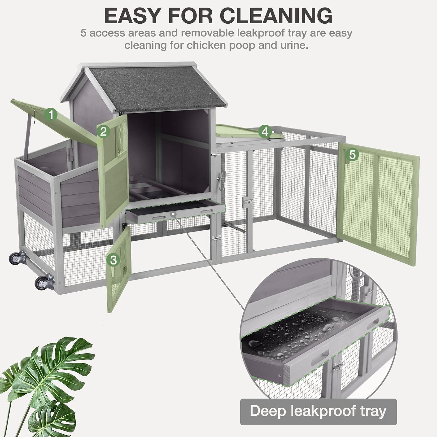Large Chicken Coop Expandable Chicken House for Outdoor with Wheels, Nest Box, Leakproof Pull-on Tray and UV-Resistant Roof Panel
