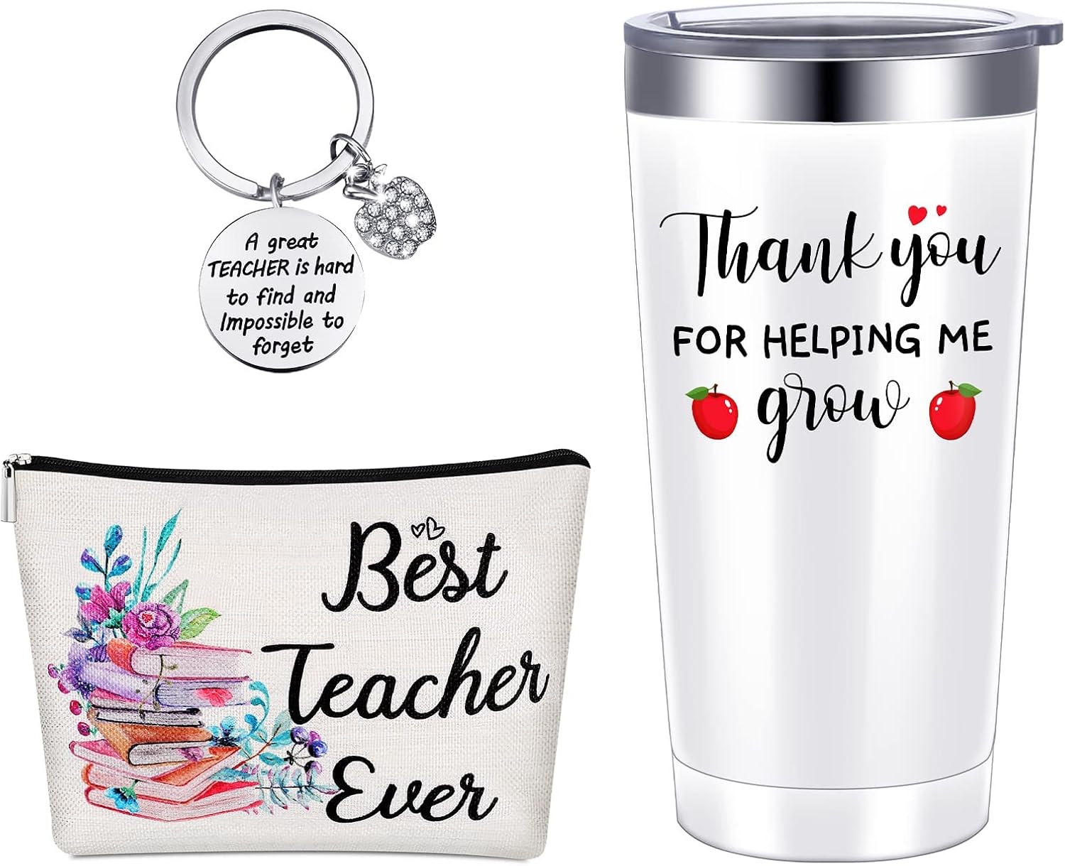 Saintrygo Best Teacher Appreciation Gifts for Women 20 oz Insulated Teacher Coffee Tumbler Keychain Makeup Bag Personalized Thank You Teacher Gifts for Christmas Thanksgiving (White, Thank You)