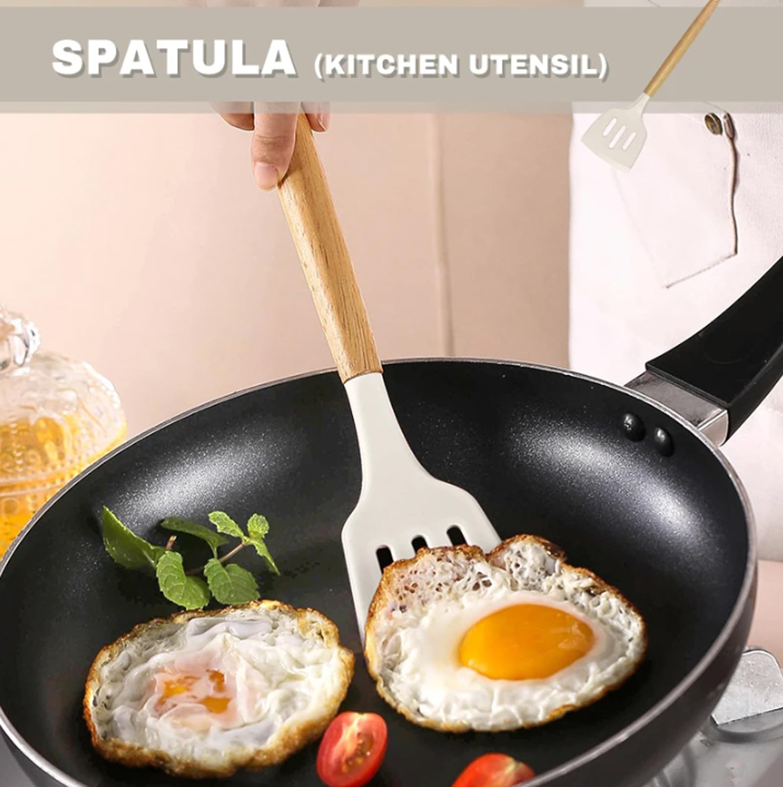 34 Stück Silikon Kochutensilien Kochbesteck Set,Küchenhelfer Set,Hitzebeständiger Kochgeschirr mit Utensilienhalter, Antihaft Kochset Küchenutensilien mit Holzgriff,Tongs,Whisk,Spatula (Beige)
