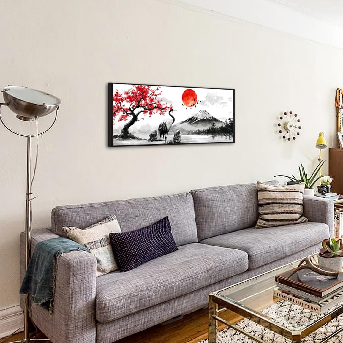 KREATIVE ARTS Red Sun Crane Mountain Wall Art Canvas Print Japanese Style Watercolor Landscape Painting with Black Floater Frame for Living Room Bedroom Office 20x48 Inch