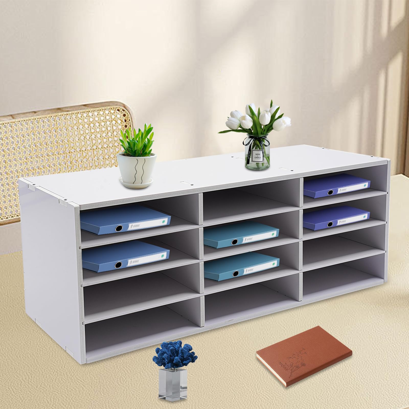 Vassoio portadocumenti da scrivania, 12 scomparti, in PVC, 80 x 30,8 x 30 cm, organizer per letteratura, bianco, per ufficio, scuola e casa