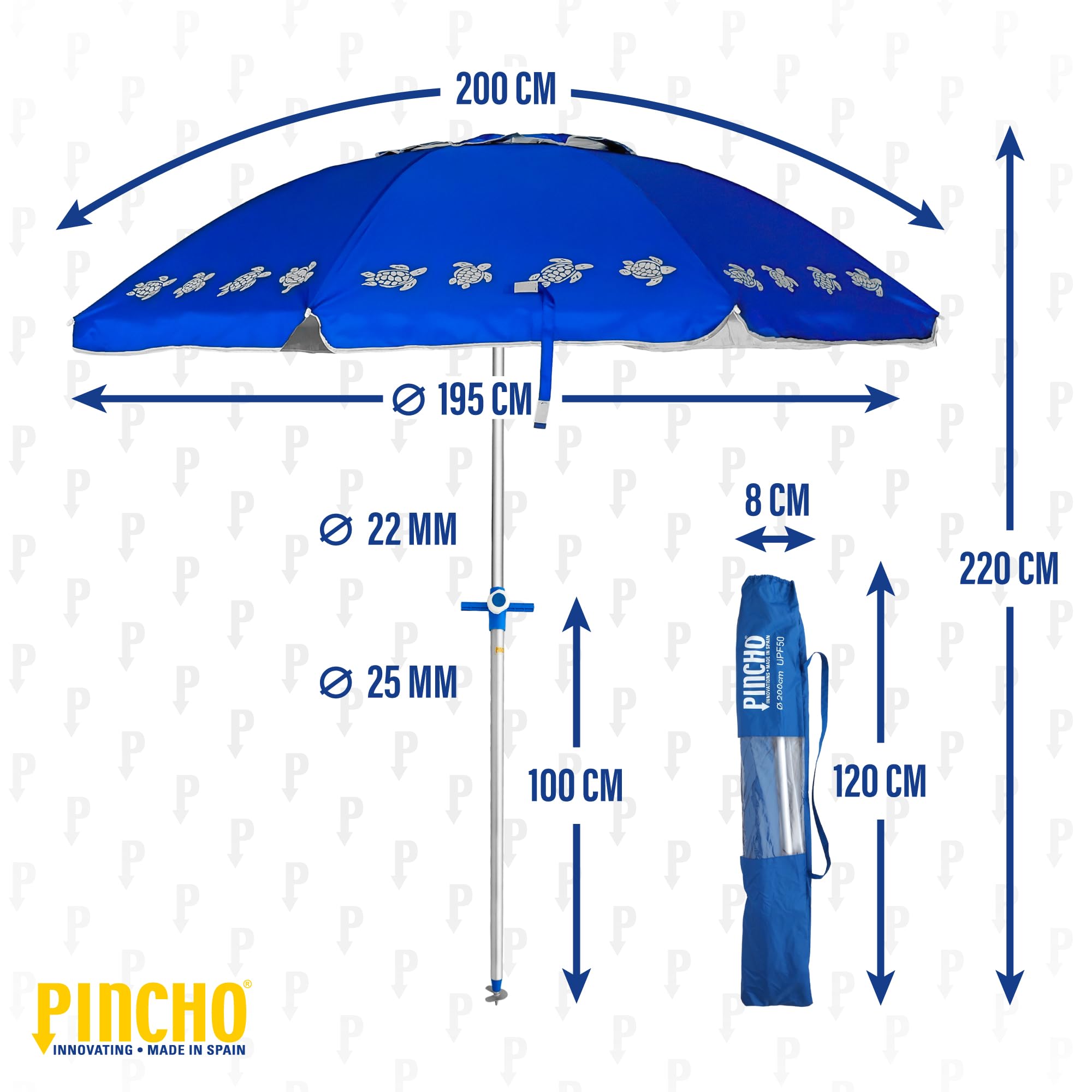 Pincho Ombrellone da spiaggia grande, 200 cm, antivento fino a 35 km/h, protezione UV50+ blocca 99% raggi UV, 8 aste in fibra di vetro, tubo in alluminio leggero, reclinabile, sistema facile, borsa