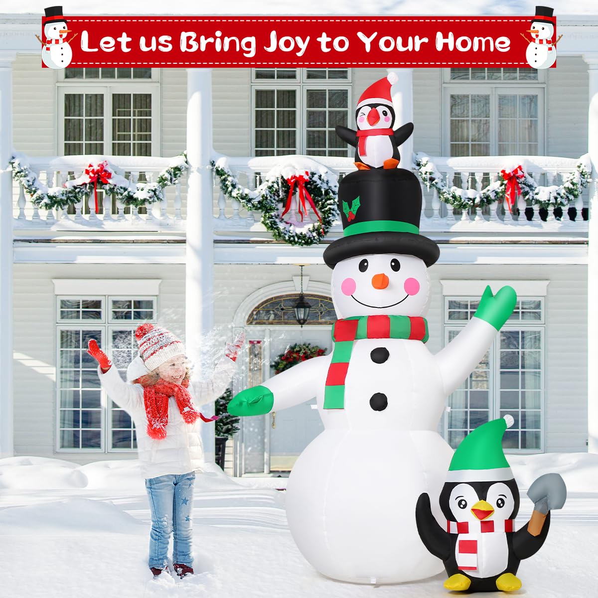 GOOSH Bonhomme de neige gonflable et pingouins de Noël de 2,1 m - Décoration extérieure - Bonhomme de neige souriant et pingouin mignon avec LED intégrées pour décoration intérieure, fête, jardin,