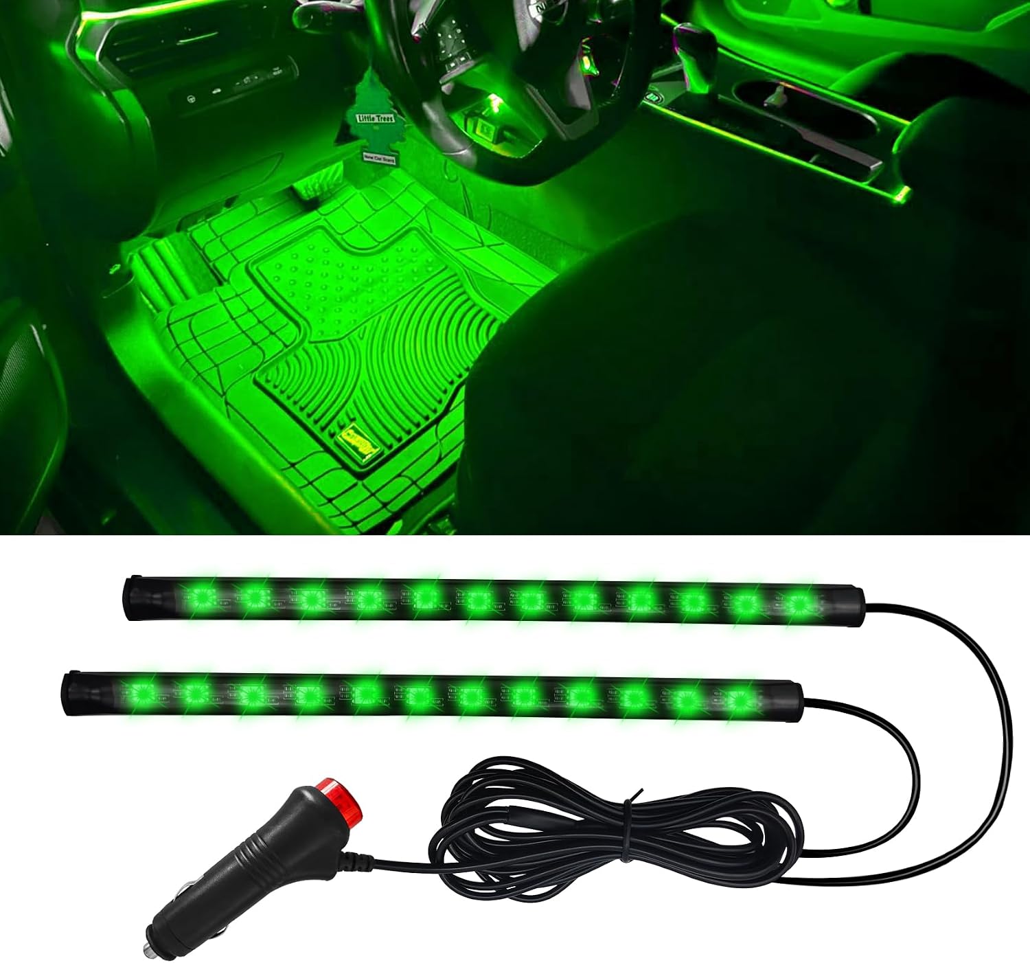 Car LED Strip Light, Car Interior Lights, 12V 24 LED Auto Under Dash Atmosphere Lights with USB Port, Auto Atmosphere Under Dash Lighting Kit for Vehicles (Green, Cigarette Lighter)