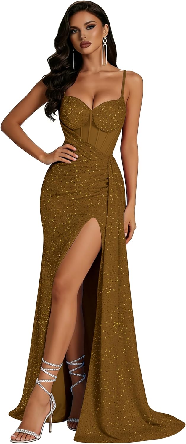 Mermaid Corset Prom Dresses 2026 Sparkly Sequin Long Formal Dress Sweetheart Spaghetti Straps Evening Gowns DW74