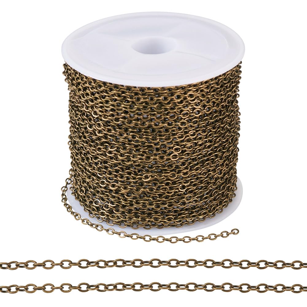 Cheriswelry 32.8 Feet Brass Coated Iron Chains Antique Bronze Chain Soldered Links Flat Oval Cable Chains for Jewelry Making