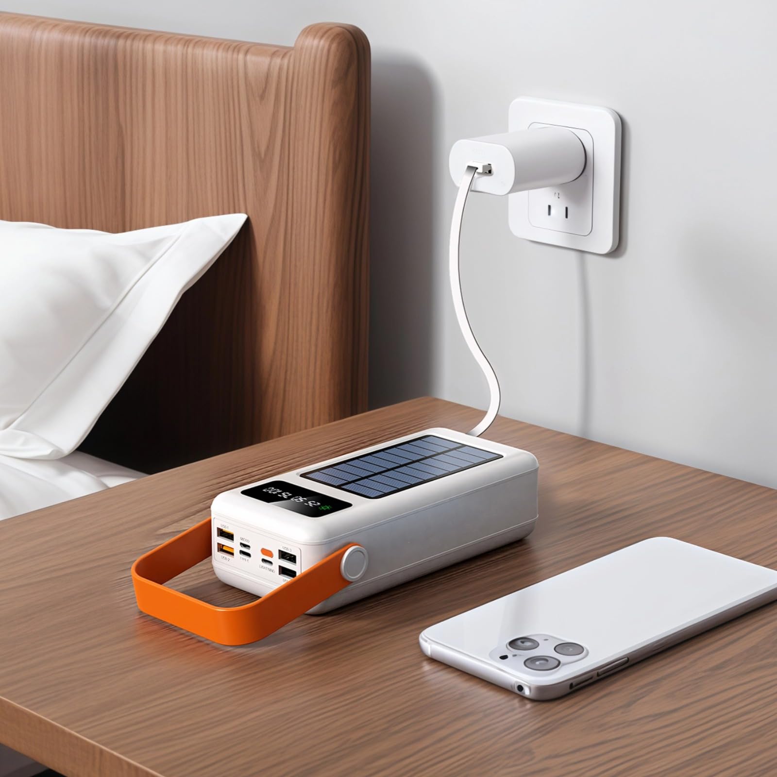 Batteria solare da 60000 mAh con luce LED, power bank portatile, cavo integrato, alta capacità, porte di ricarica multiple, per avventure all'aperto