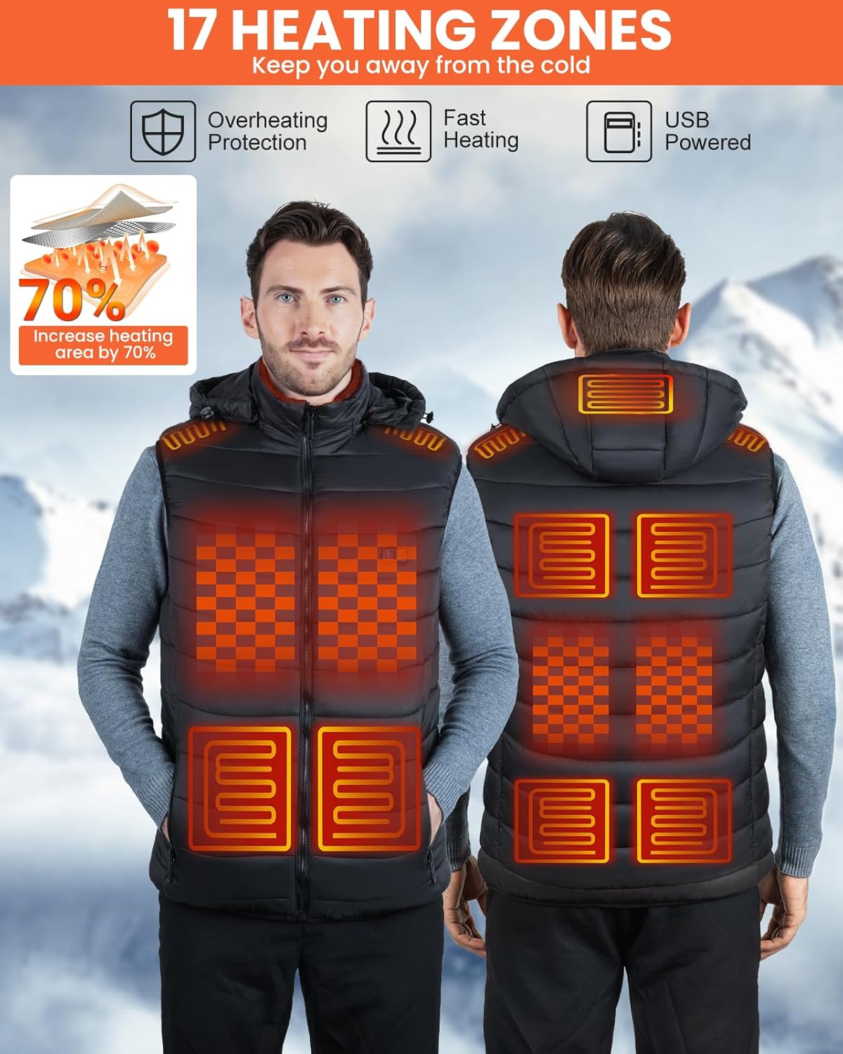 Heated Vest for Men with Rechargeable Pack Included, Waterproof Electric Warming Mens Heated Vests with Hood - Image 3