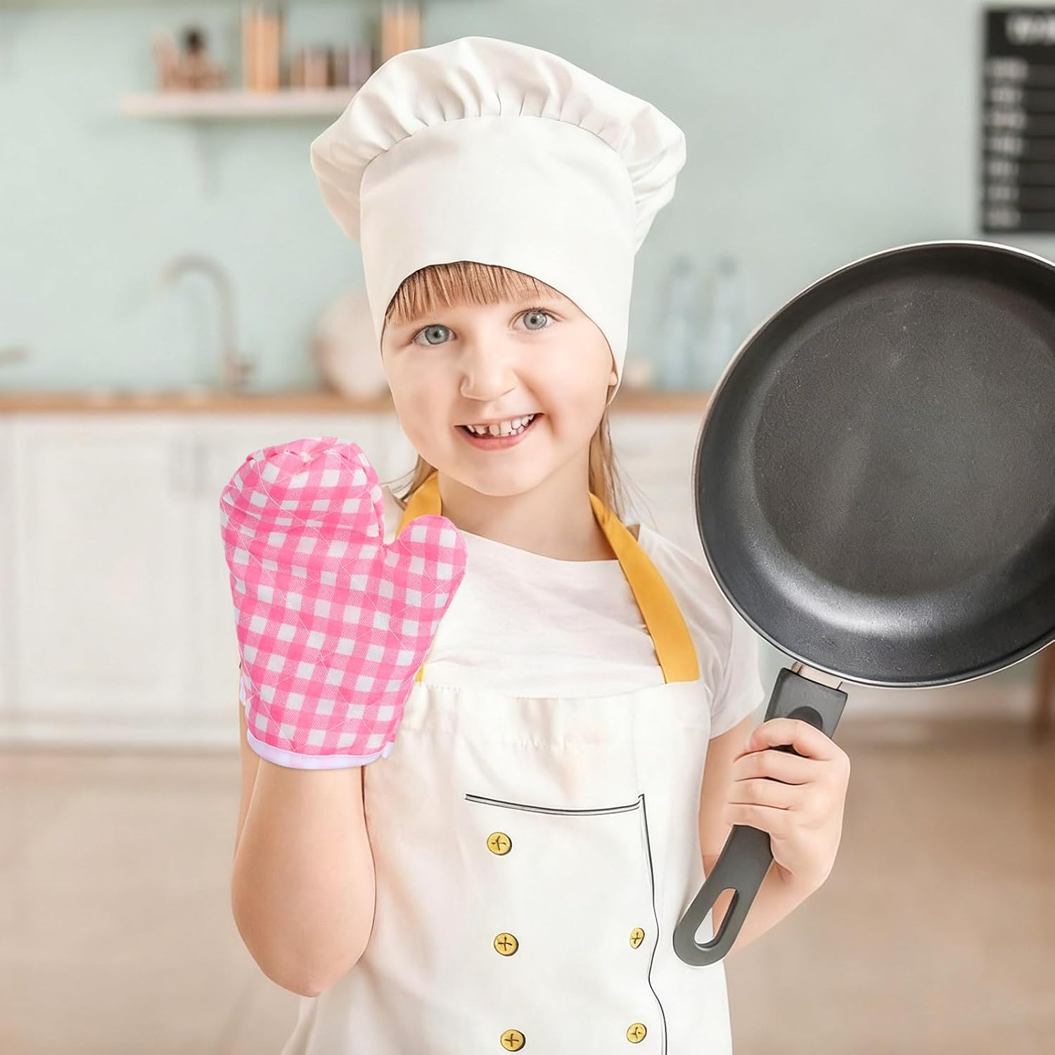 POPETPOP Kids Oven Mitts 2-Pack Pink Cotton Heat-Resistant Gloves – Snug Fit Prevents Slips, Safe Cooking & Baking for Little Chefs, Play Kitchen or Real Oven Use