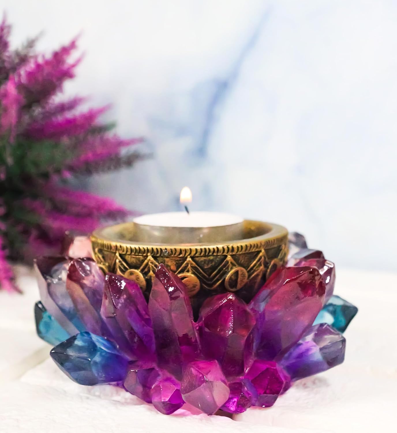 Ebros Gift Wicca Metaphysical Magical Crystals Phases of The Moon Lotus Shaped Dish Votive Tealight Candle Holder Figurine Decorative Candleholder